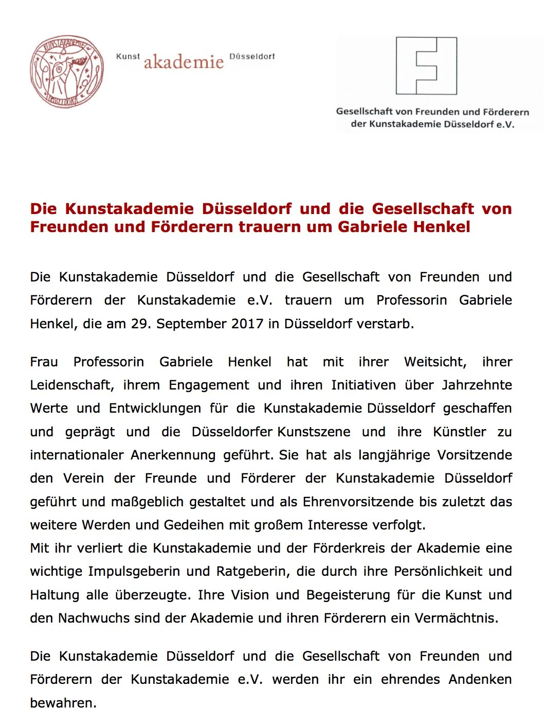 Pressemitteilung von Kunstakademie und Gesellschaft von Freunden und Förderern e.V., 04. Oktober 2017