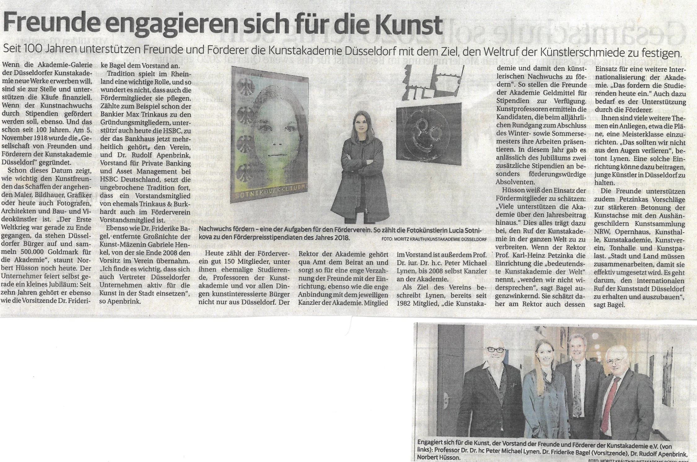 Rheinische Post am 03.11.2018 anläßlich des 100 jährigen Jubiläums. (Foto unten rechts in der RP: Moritz Krauth Kunstakademie Düsseldorf)