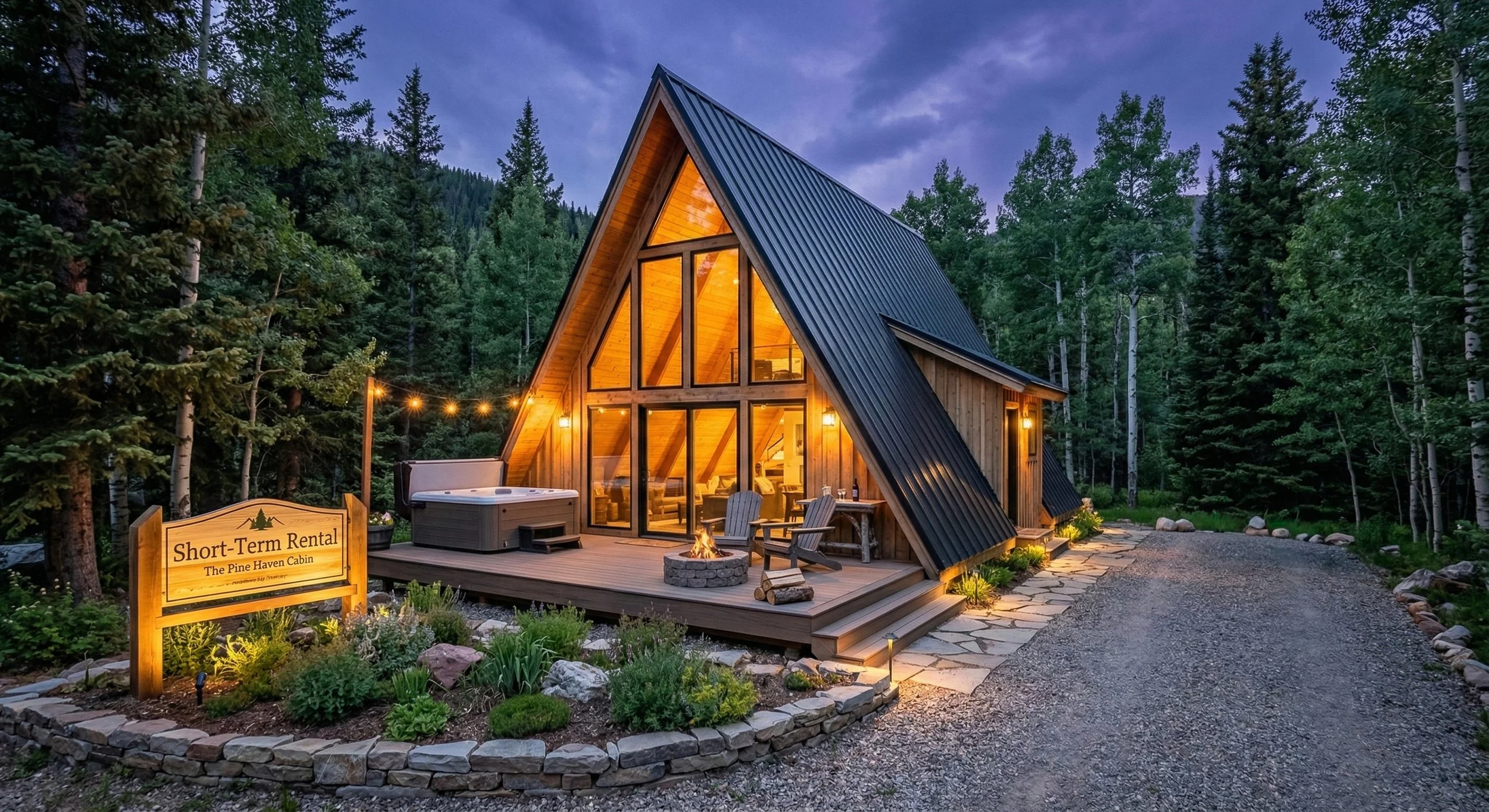 A wooden A-frame cabin with large glass windows and a black metal roof, illuminated from inside, surrounded by a forest at dusk. The cabin has a small outdoor deck with chairs and a fire pit, and a sign reading "Short-Term Rental The Pine Haven Cabin."