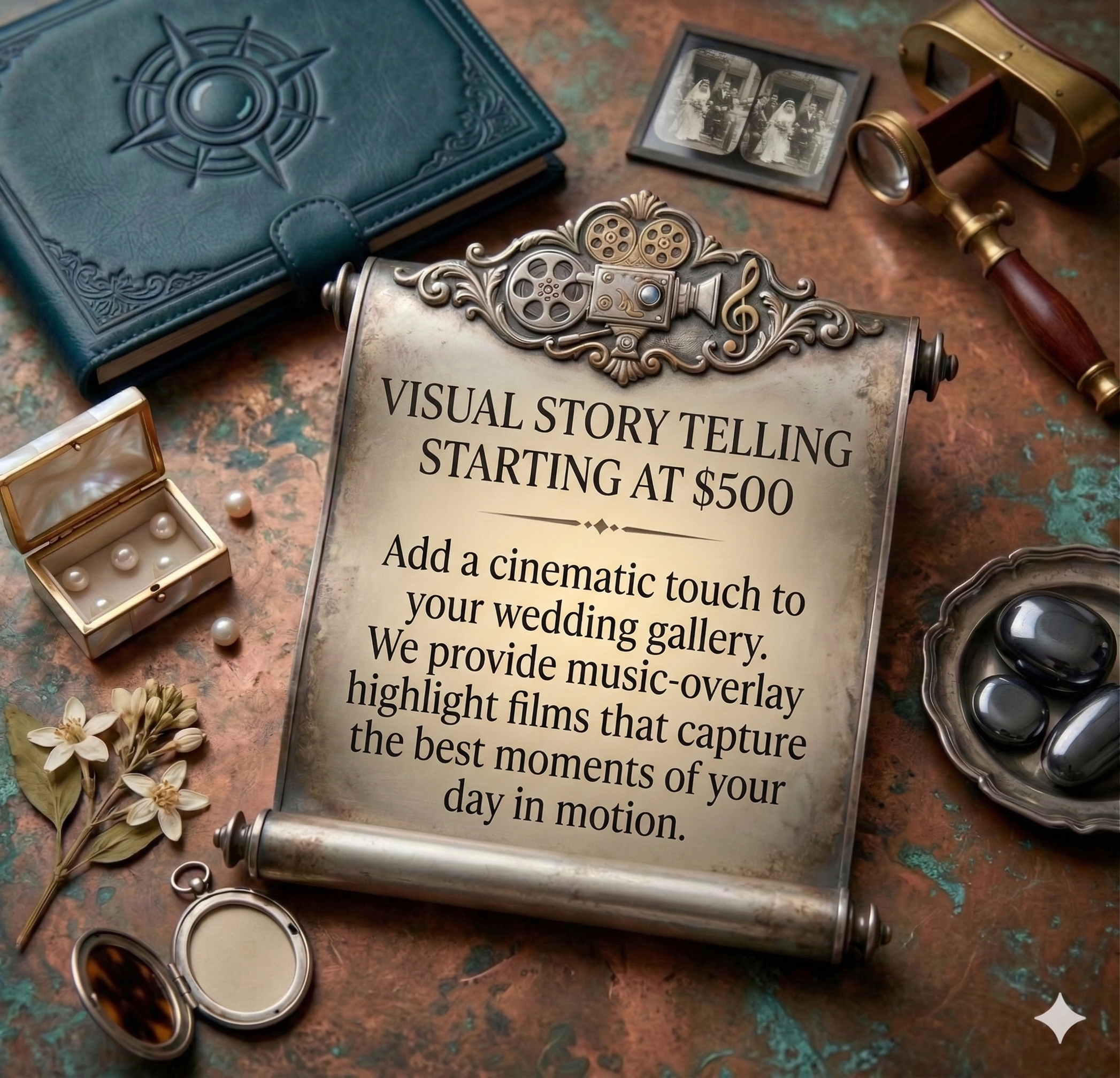 A collection of vintage items including an ornate film projector, a large blue notebook with embossed design, a black and white stereoscopic viewer with a photo of a couple dressed in historical wedding attire, a small open jewelry box with pearls inside, and some flowers on a textured surface. There is also a printed sign or flyer about visual storytelling and cinematic touch for wedding galleries.