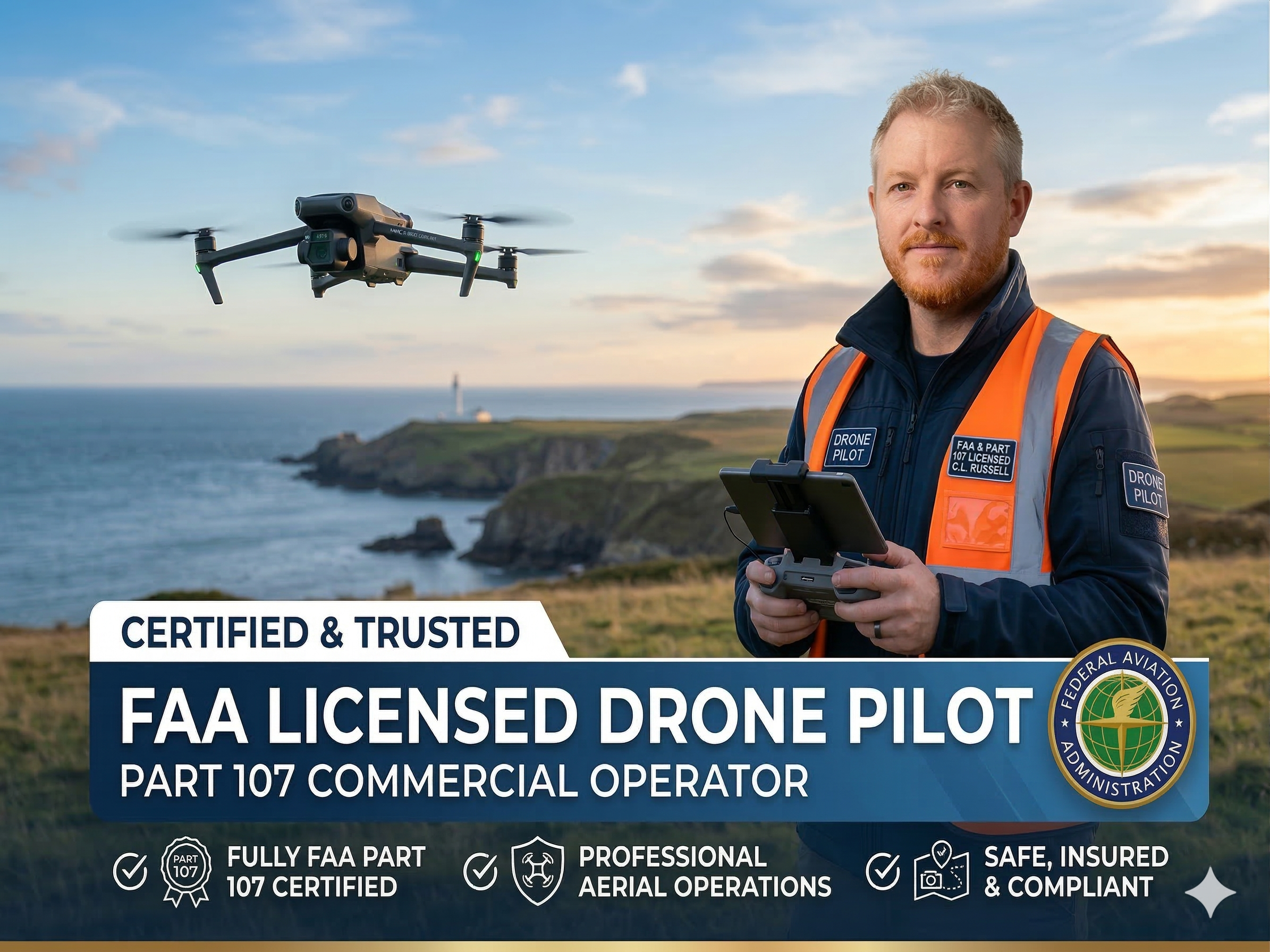 A man with red hair and a beard dressed in a navy uniform with an orange safety vest, holding a remote control, standing outdoors near the coastline at sunset, with a drone flying nearby, against a backdrop of blue sky, clouds, and ocean.