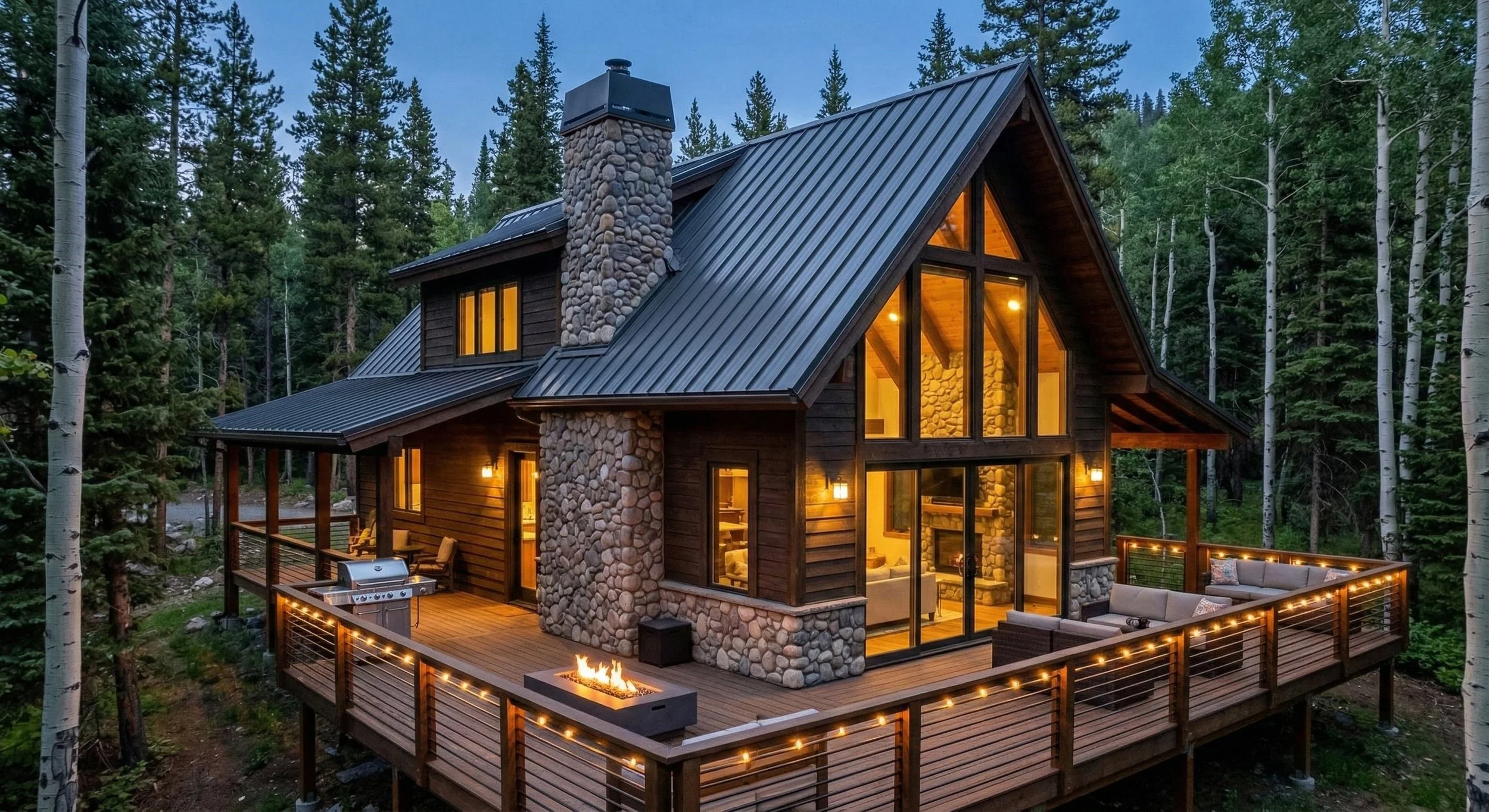 A cozy mountain cabin with large glass windows, stone chimney, and a wooden deck with outdoor seating and a fire pit, surrounded by tall pine trees at dusk.