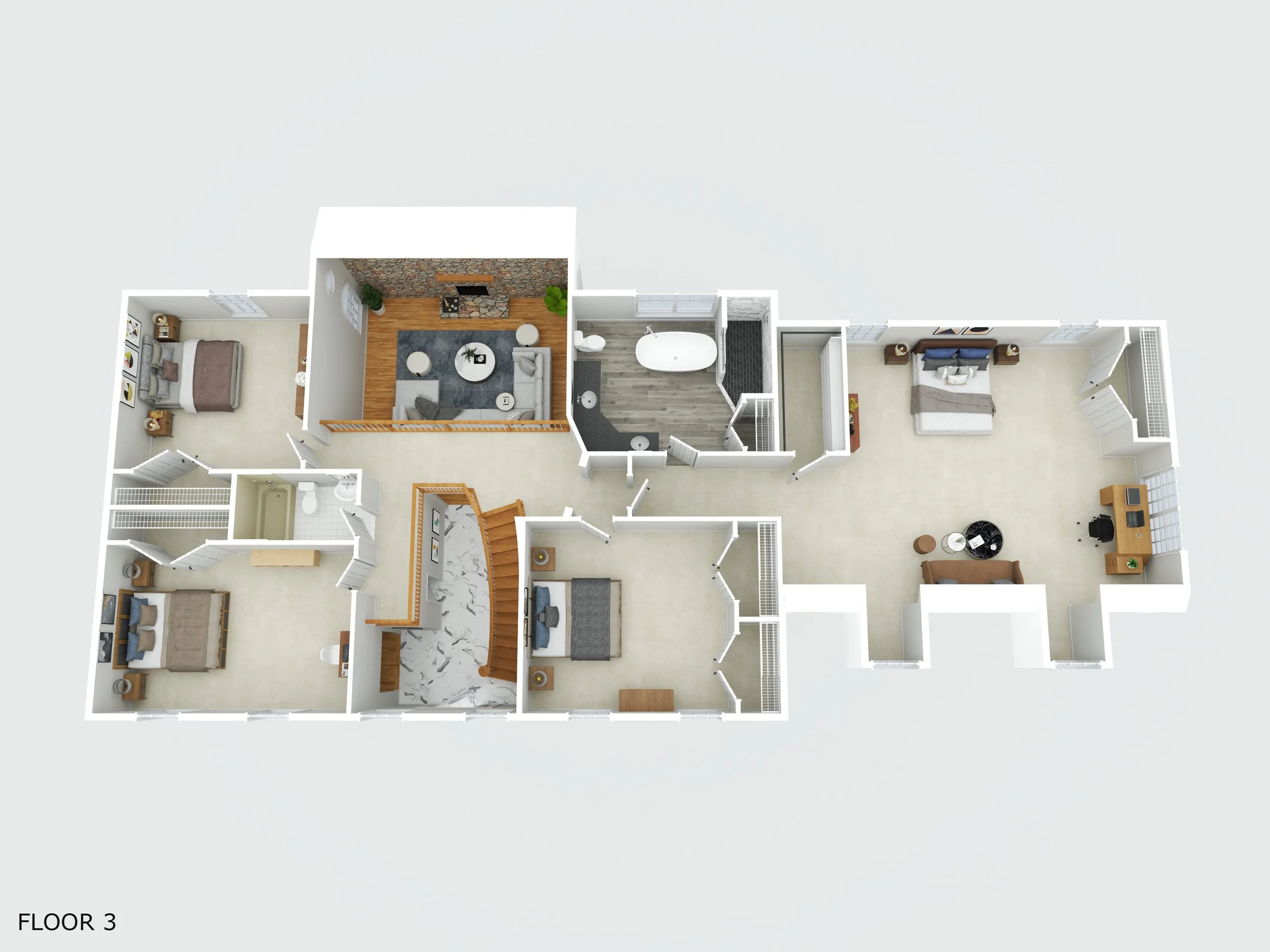 3D floor plan of a residential building's third floor with bedrooms, bathrooms, a living area, and a study or office space.