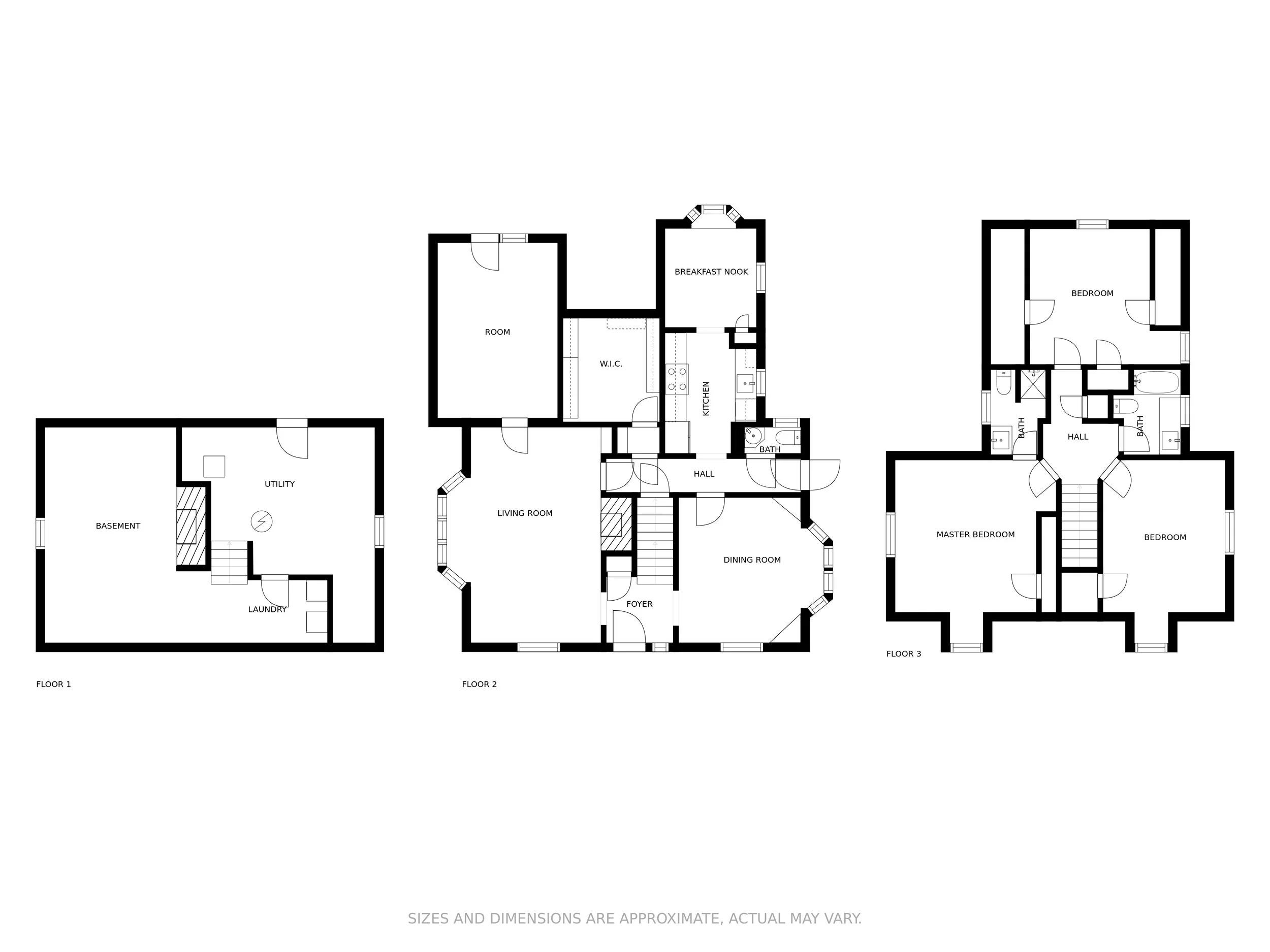Black and white floor plans for a three-story building. First floor features basement, utility room, and laundry. Second floor includes living room, dining room, kitchen, breakfast nook, bathroom, and a room. Third floor has master bedroom, two additional bedrooms, two closets, and a bathroom.