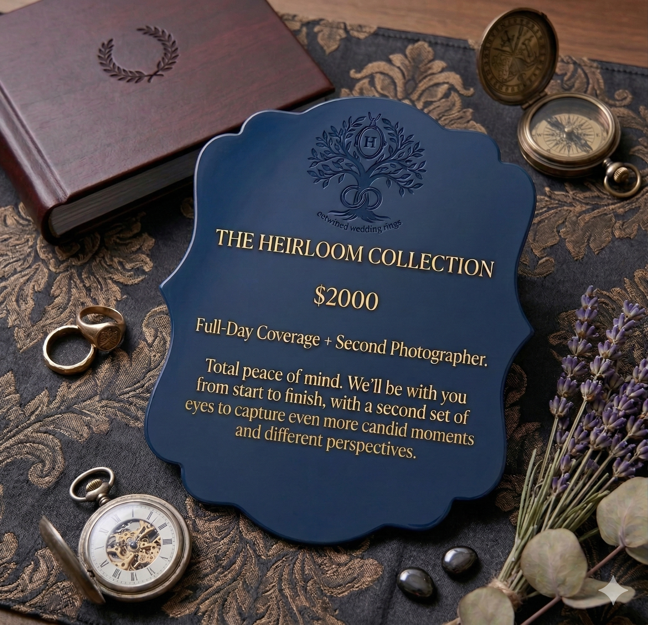 Close-up of a display with pocket watches, wedding rings, a blue sign with gold text about a wedding collection, and purple flowers on a decorative fabric surface.