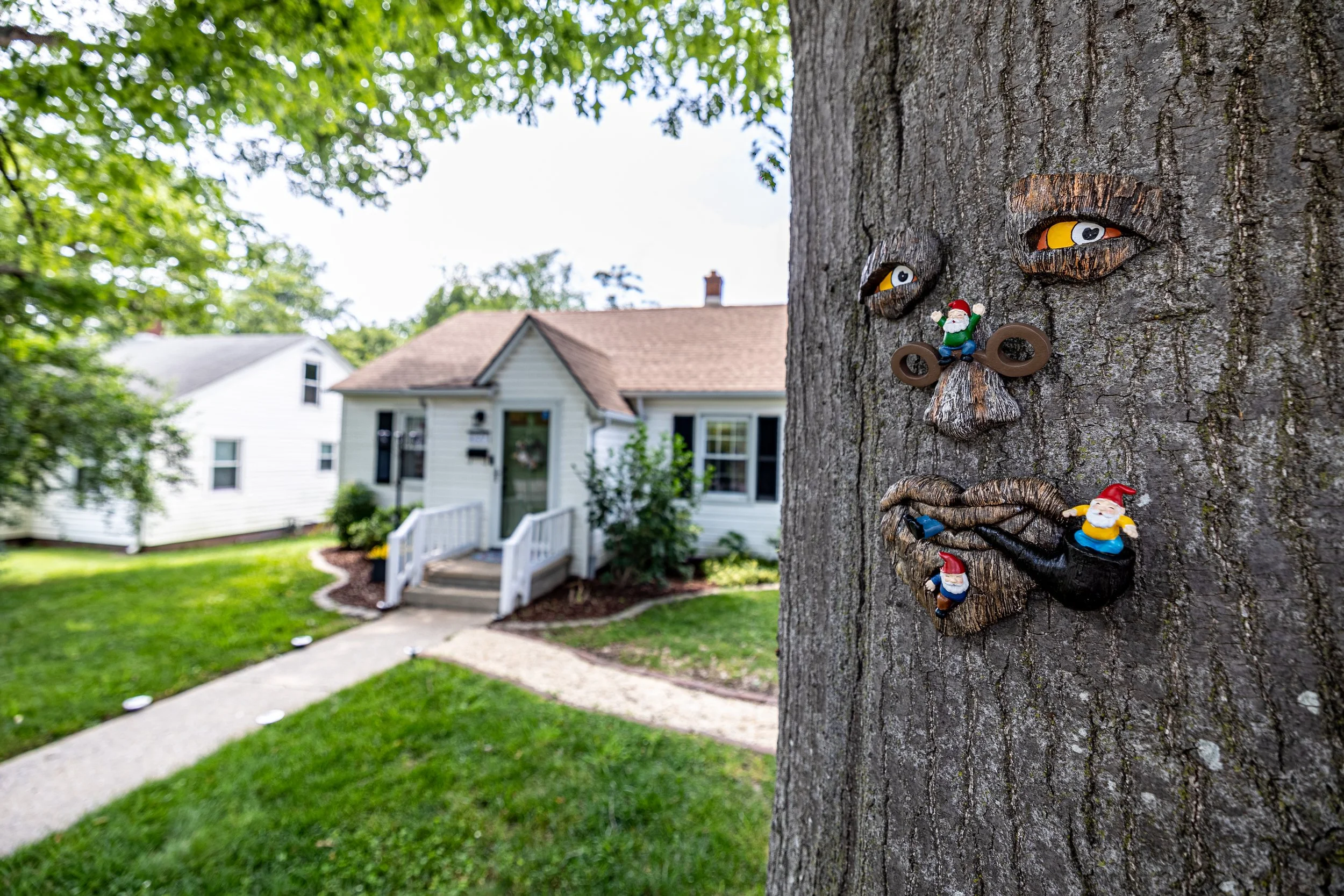 Decorative face carved into a tree trunk, with colorful elf figurines and eyes as part of the face design, set in a residential neighborhood with houses and a pathway.