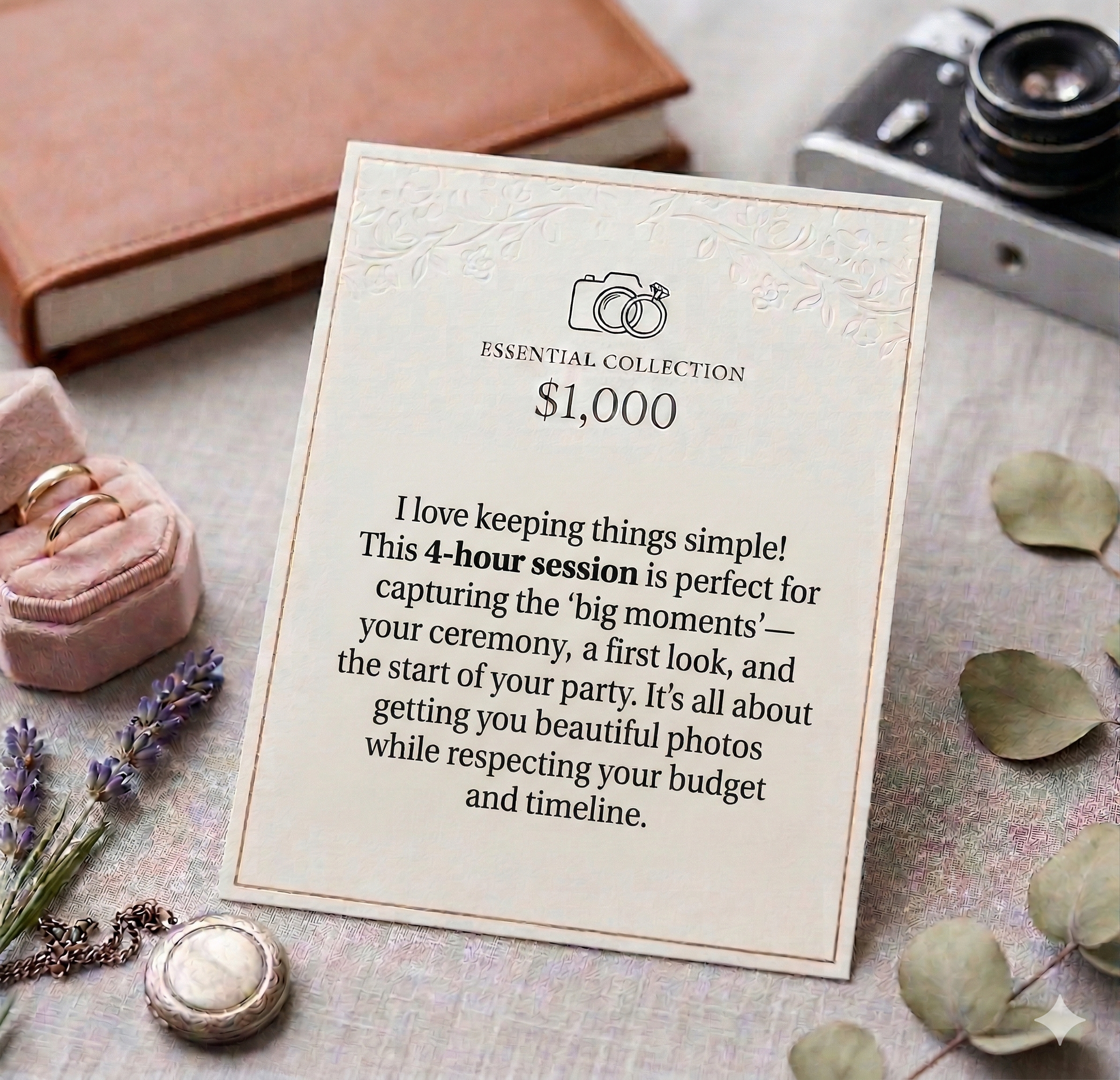 A table arrangement with a framed note titled 'Essential Collection' displaying a price of $1,000. The note includes text about capturing moments at a wedding. The table is decorated with lavender flowers, a pink woven ring cushion, and other decorative elements. There is a vintage camera in the background.
