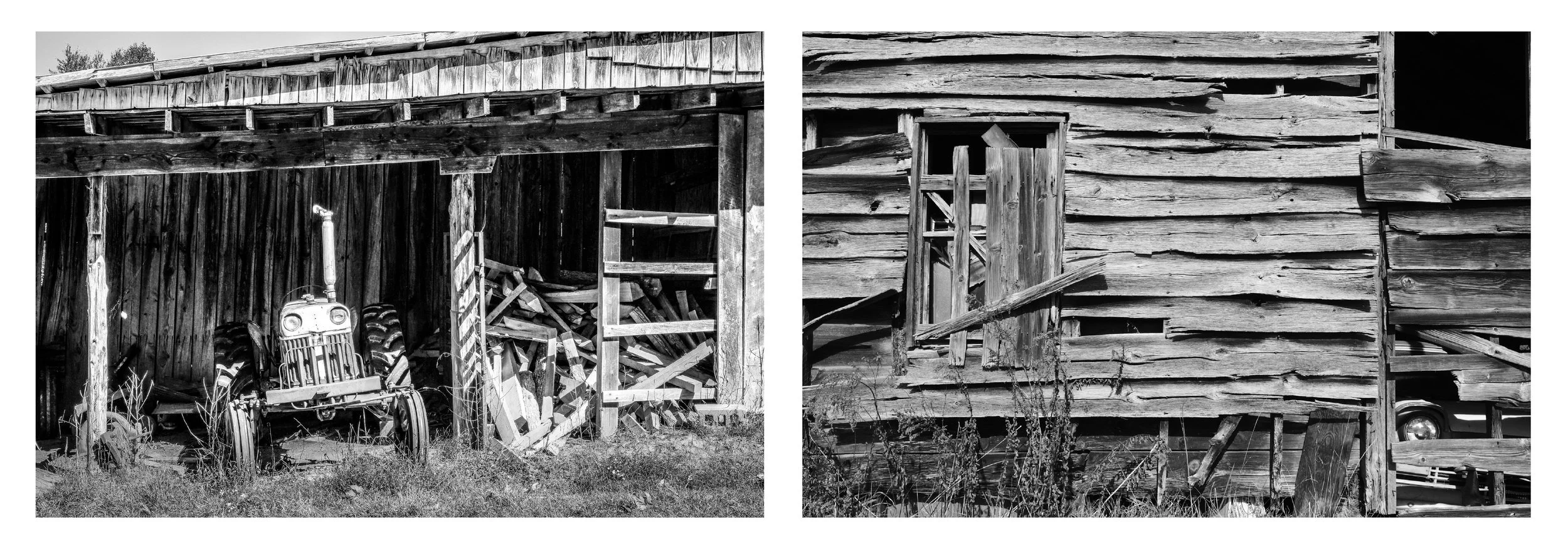 Ernie's Old Tractor (©Angela Martin) and Tobacco Barn with Old Ranchero (©Nancy O. Albert). Click to enlarge.
