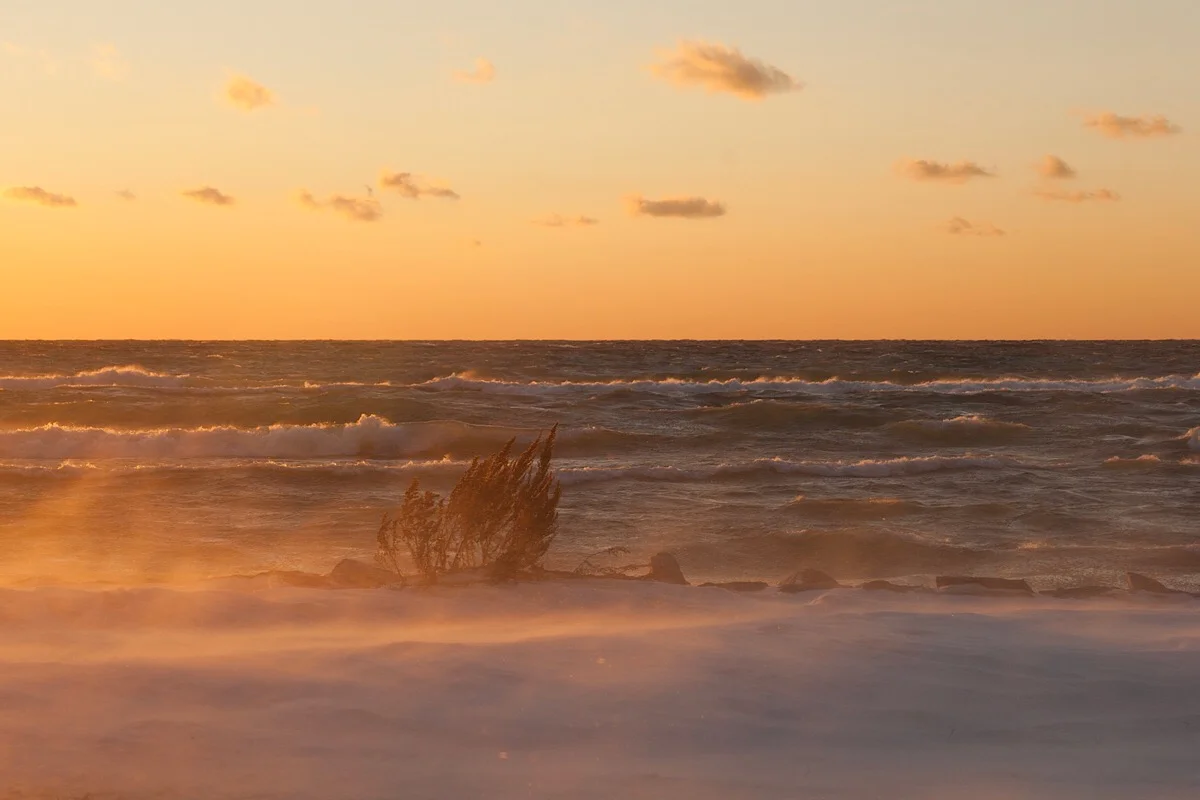 BEFORE: A winter gale on Lake Michigan at sunset, Sleeping Bear Dunes National Lakeshore, Feburary 2006. (click to enlarge)