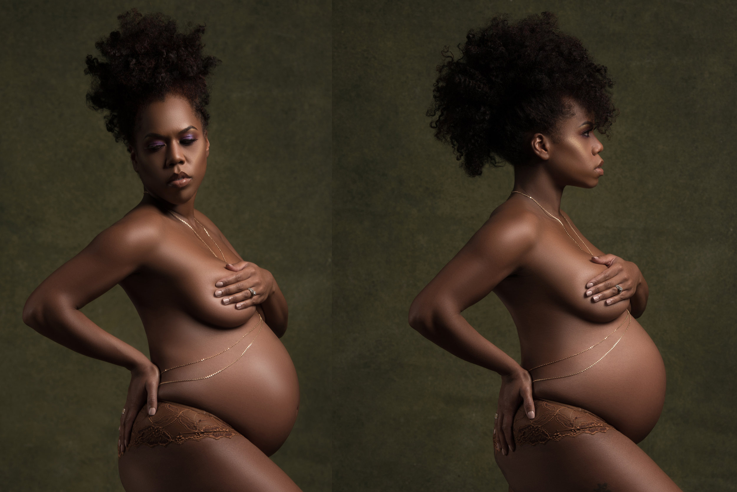 Brown-themed maternity photoshoot of a woman in Chicago