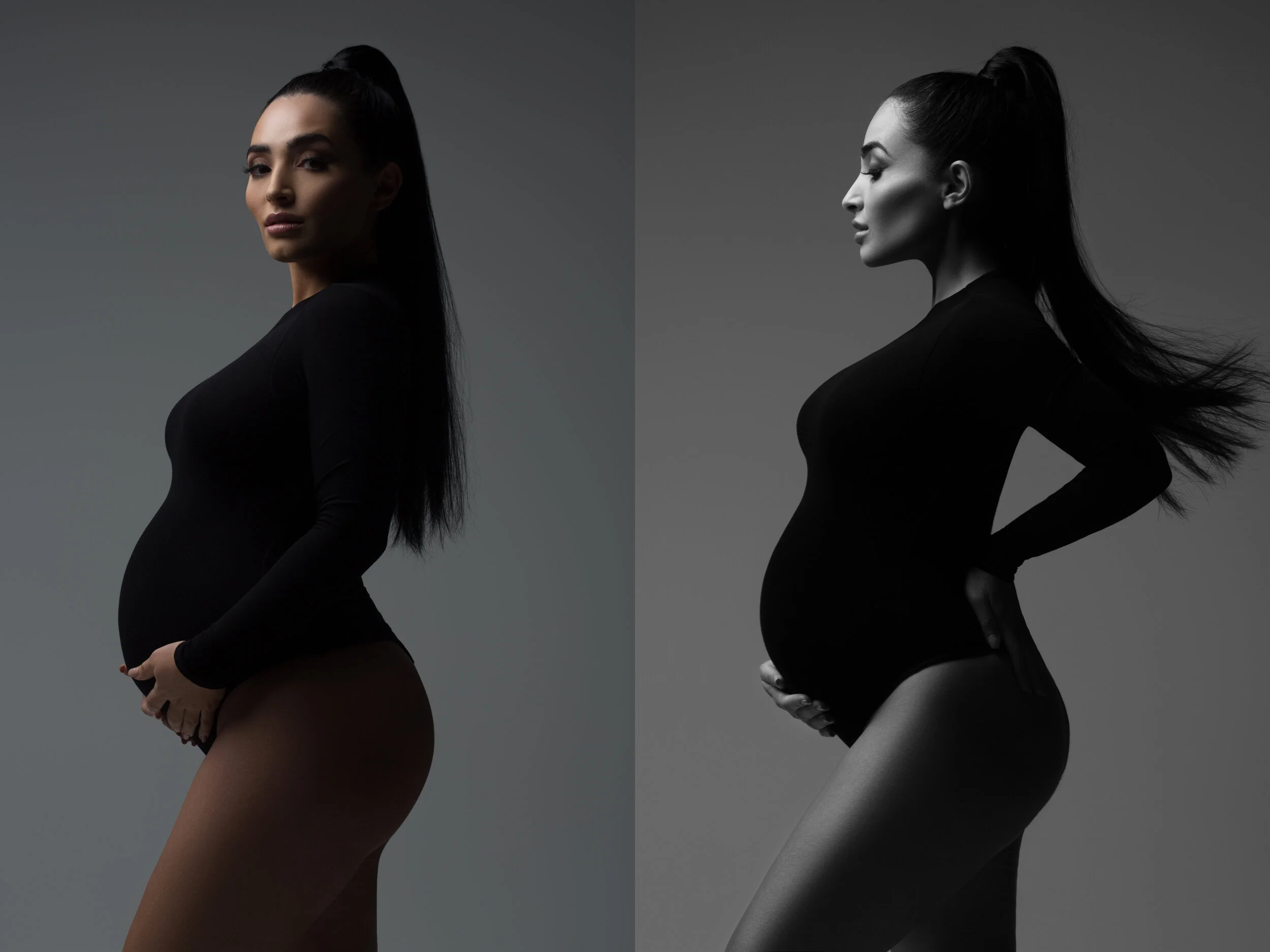 Chicago maternity photographer studio editorial of pregnant woman in black bodysuit