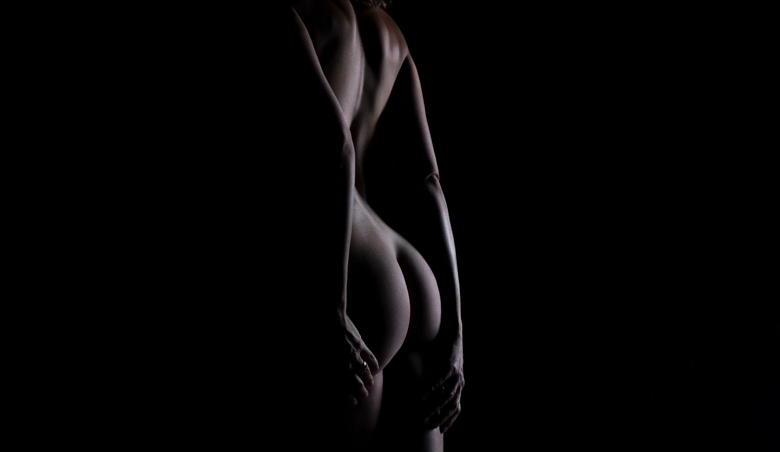 Iconic low-key nude boudoir silhouette from behind, dramatic rim lighting on curves, Chicago artistic nude photographer