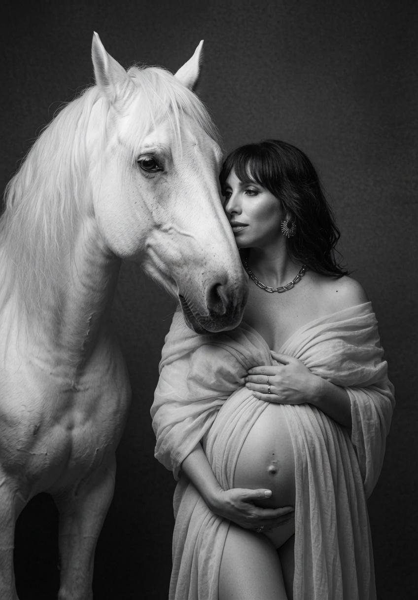 Elegant black and white maternity portrait of pregnant woman with white horse in Chicago studio, fine art pregnancy photography