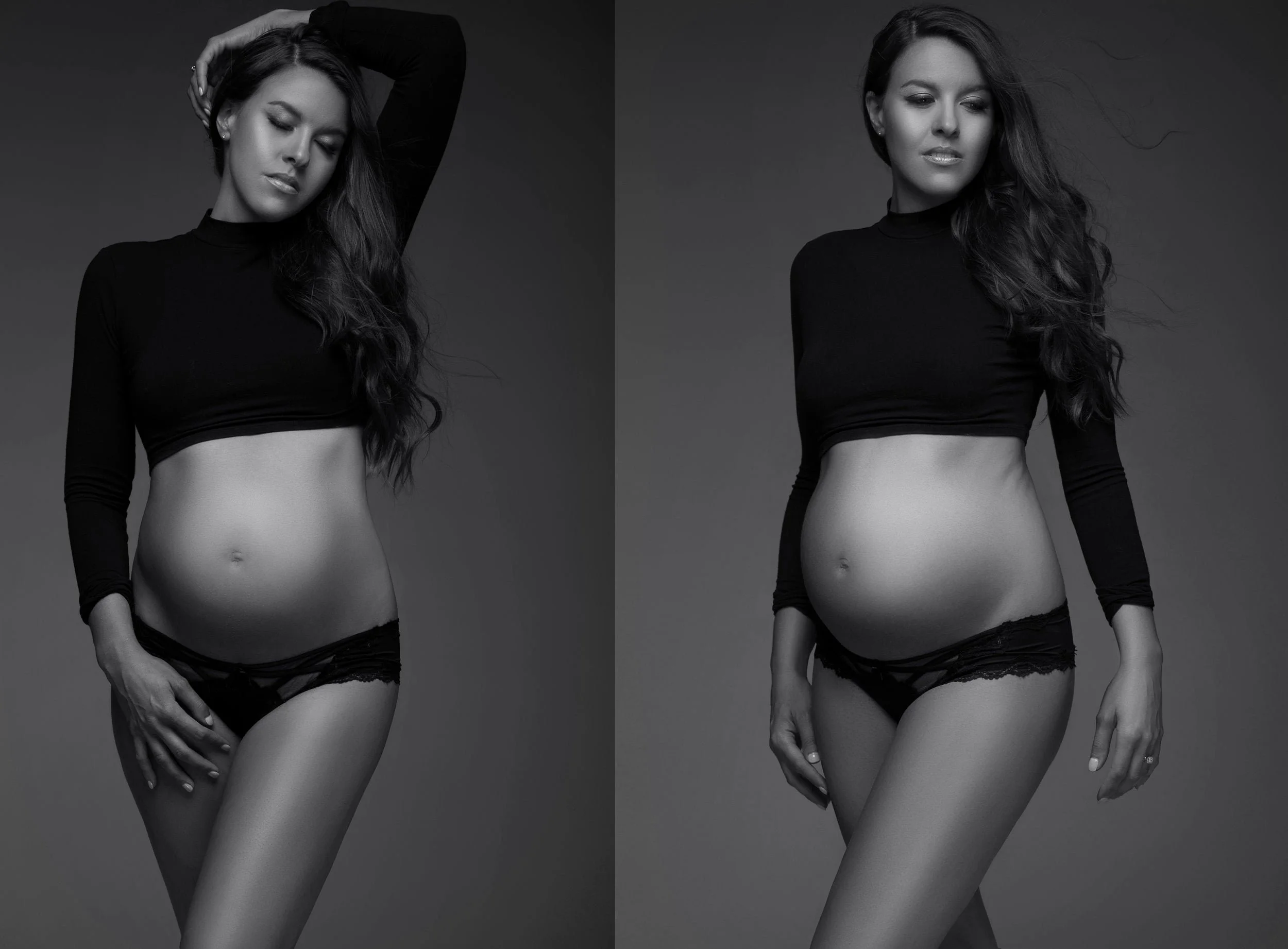 Black and white maternity photo of a woman in long-sleeved black crop top, lace underwear by Chicago Maternity Photographer