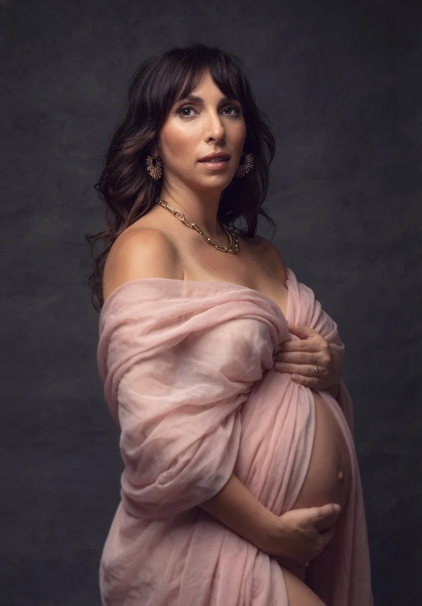 Pregnancy photo of a Chicago woman wearing a delicate peach silk