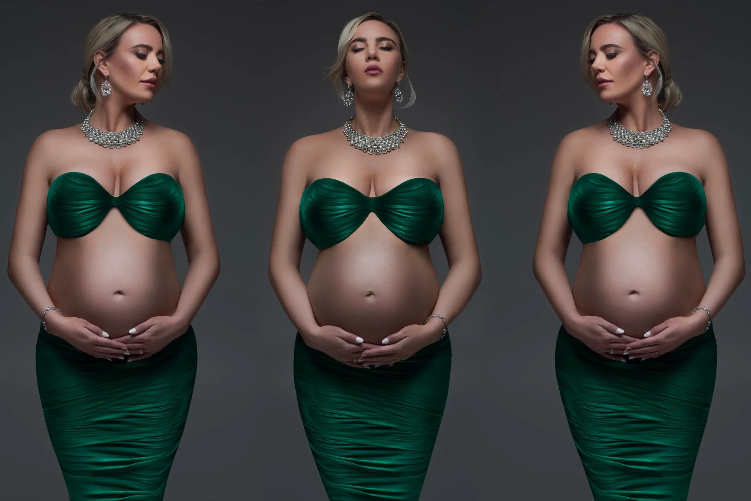 Artistic maternity photo. Elegant pregnant woman in green ruched strapless dress and jewelry.