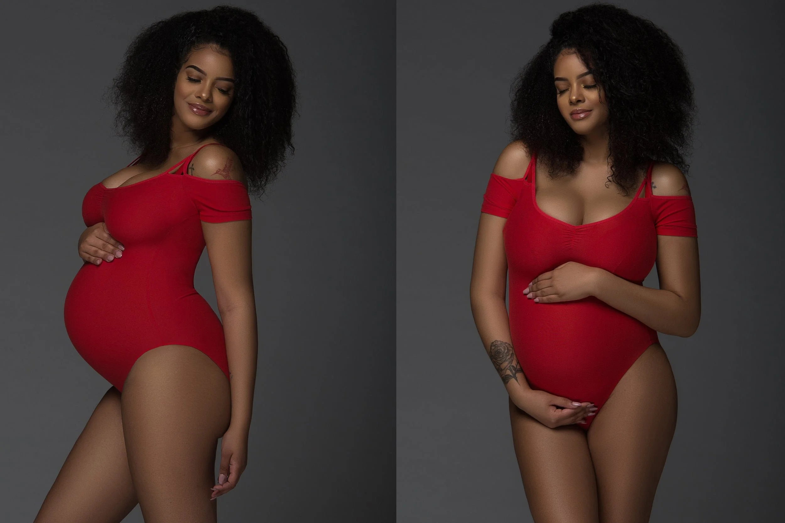 A woman with curly black hair wearing a red dress, with her eyes closed, smiling, and touching her belly in one pose, and with her hand on her belly in a different pose, against a gray background.