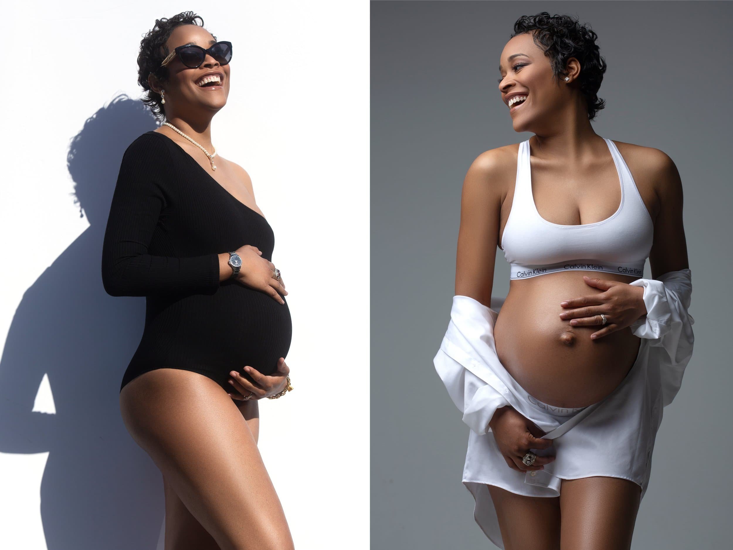 A woman smiling, wearing sunglasses, jewelry, and a black dress, standing against a white background on the left. On the right, a woman smiling, wearing a white Calvin Klein sports bra and white shirt, standing against a grey background. Both women h
