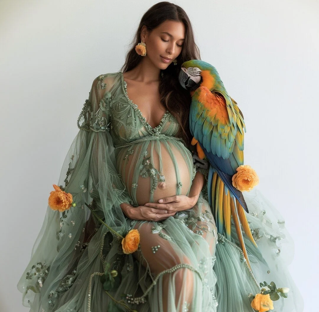 Chicago maternity photographer. Pregnant woman in a sheer green embroidered dress with a vibrant colorful macaw parrot.