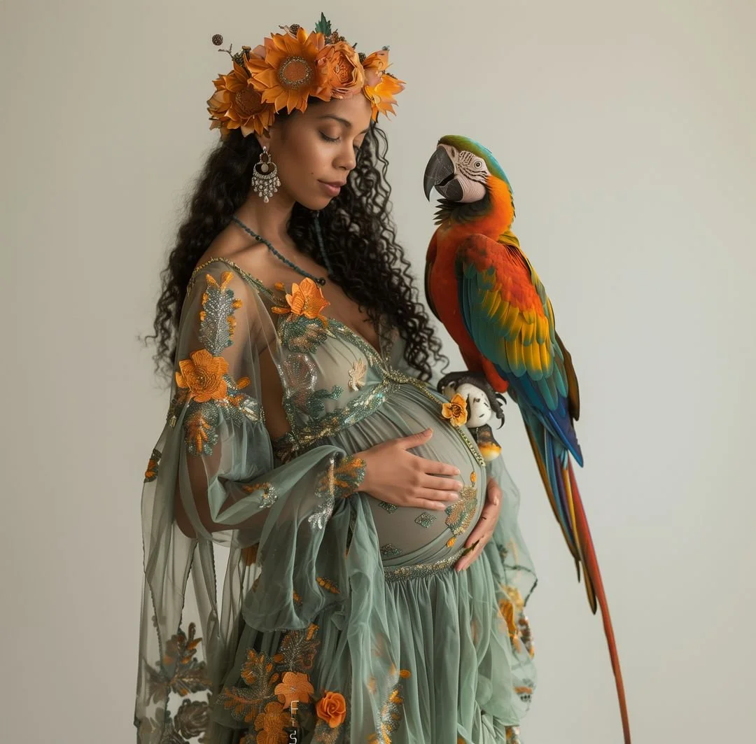 A pregnant woman with long curly hair wearing an embroidered green sheer dress with orange floral details, holding her belly with one hand, and a colorful parrot perched on her arm.
