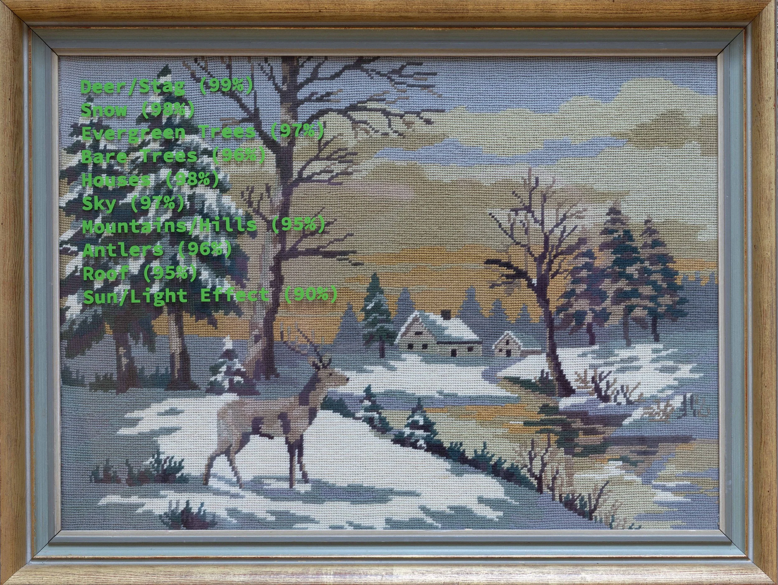 “Deer/Stag (99%)”, found embroidery with object identification, 73x54cm framed