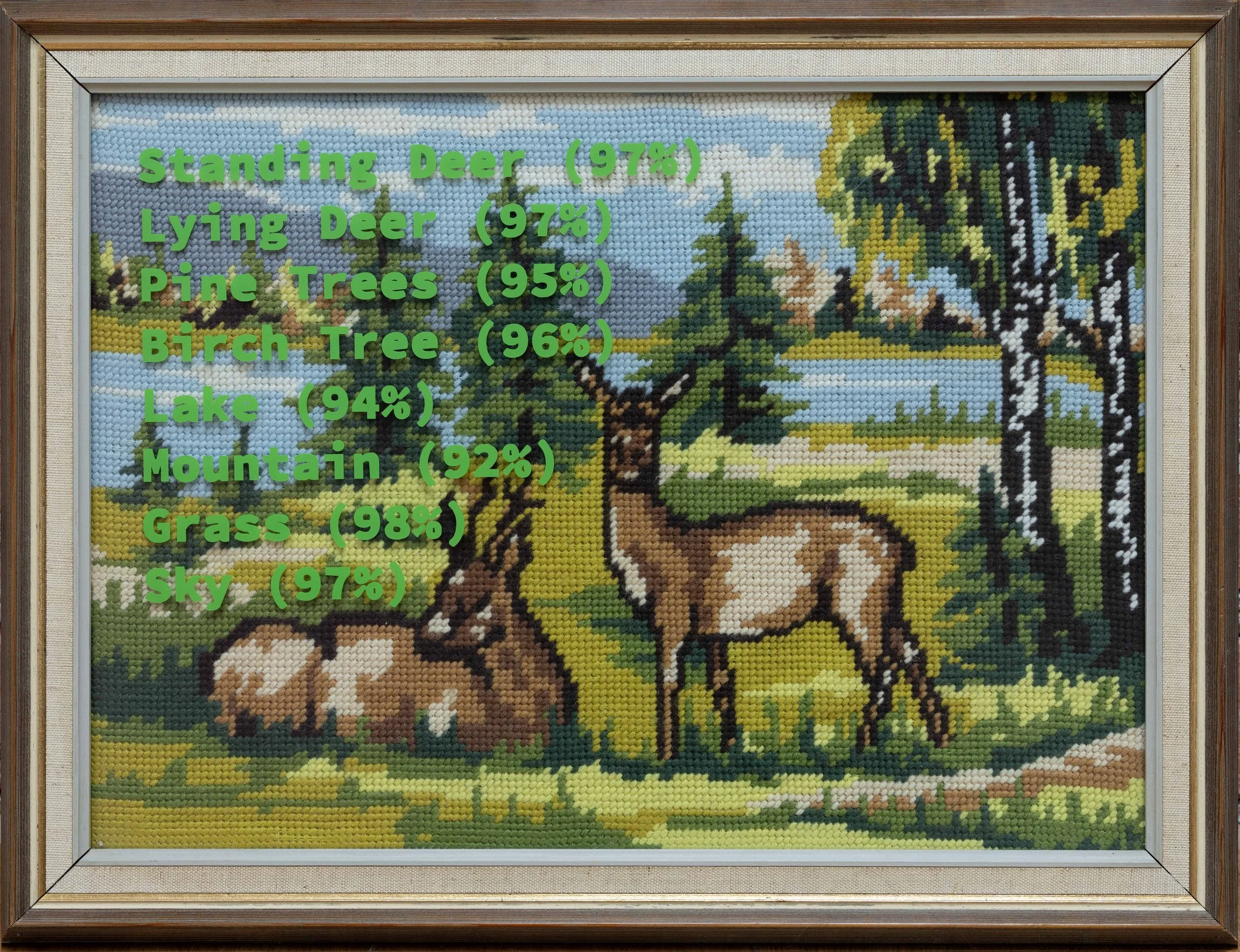 “Standing Deer (97%)”, found embroidery with object identification, 45.5x34.5cm framed