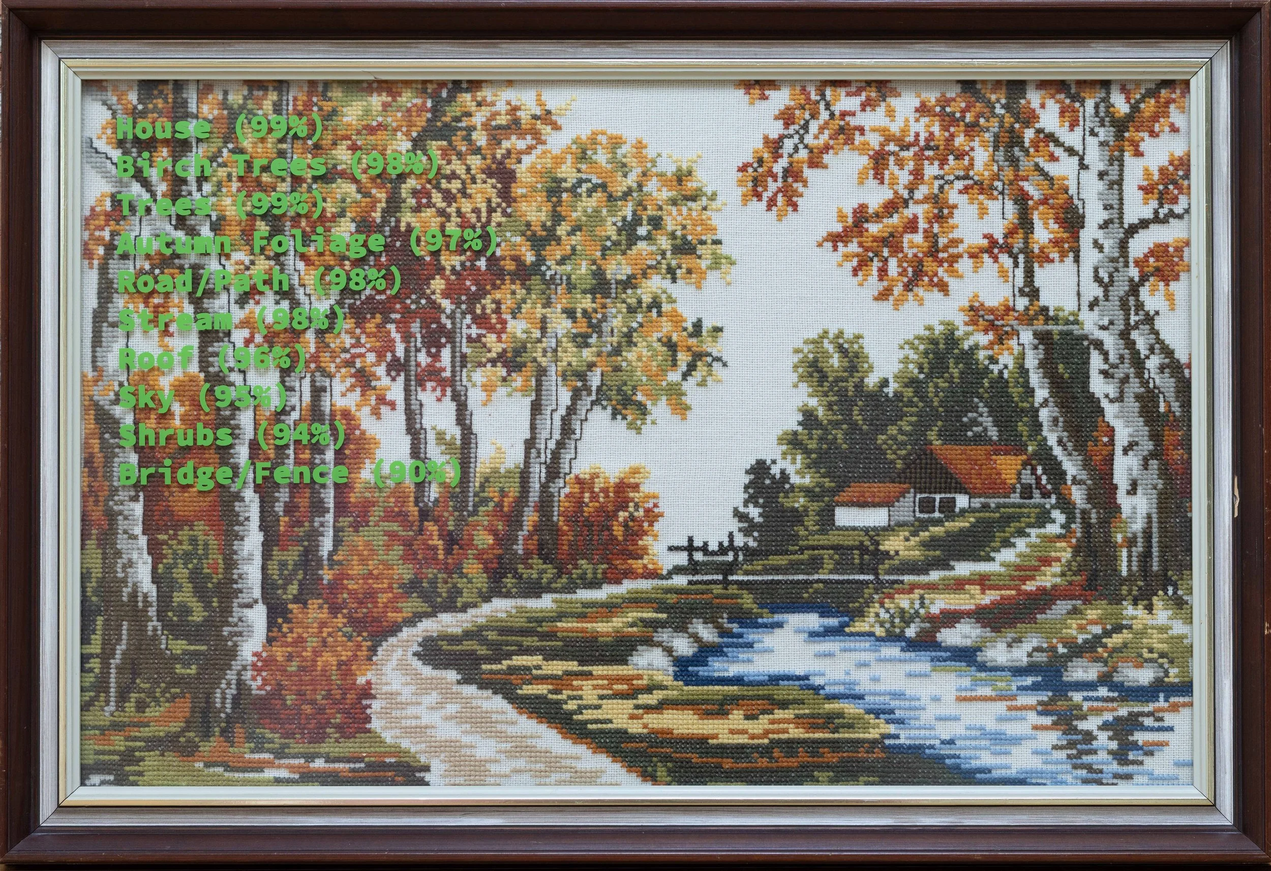 “House (99%)”, found embroidery with object identification, 72x48.5cm framed
