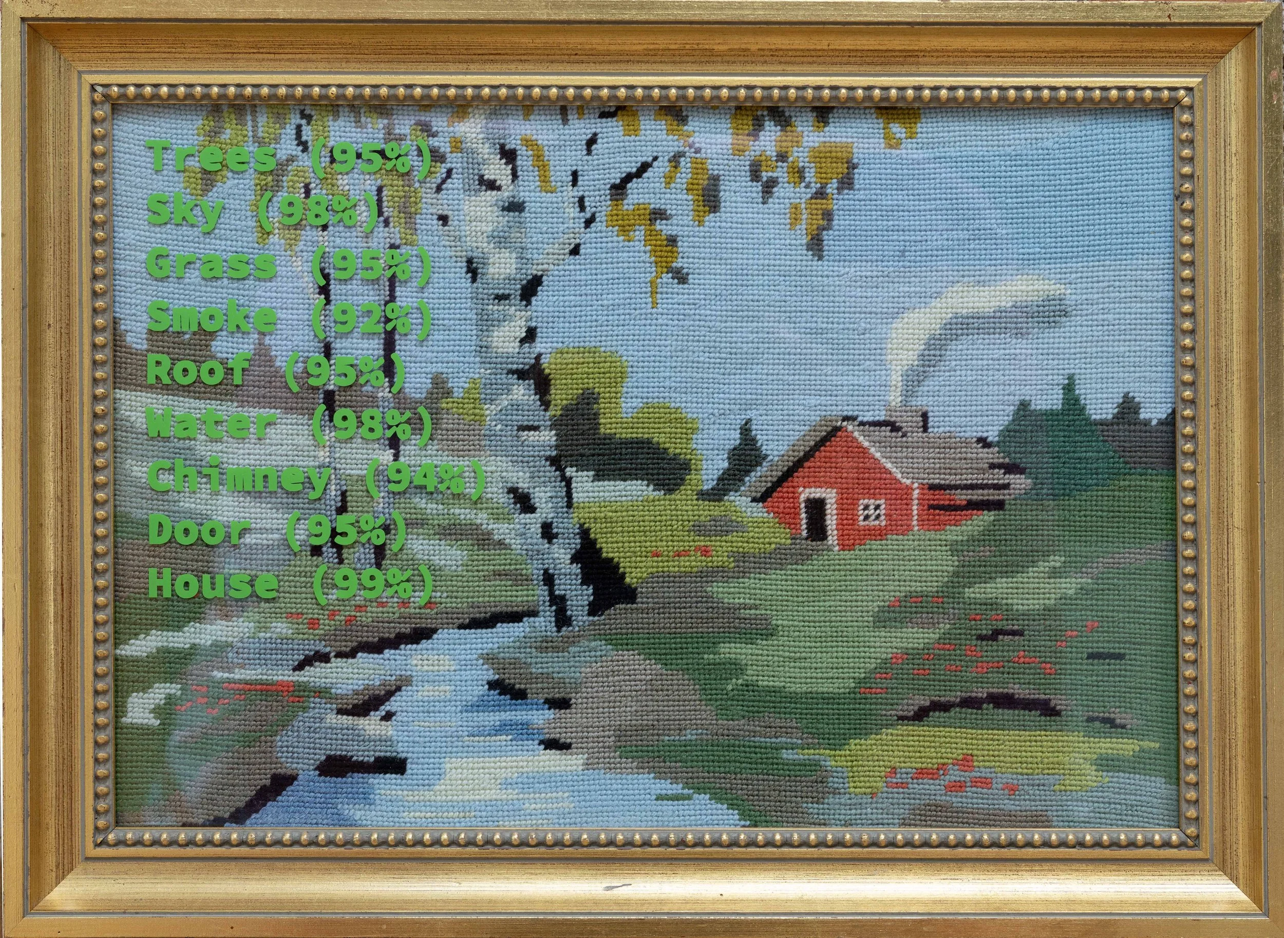 “Trees (95%)”, found embroidery with object identification, 52.5x38cm framed