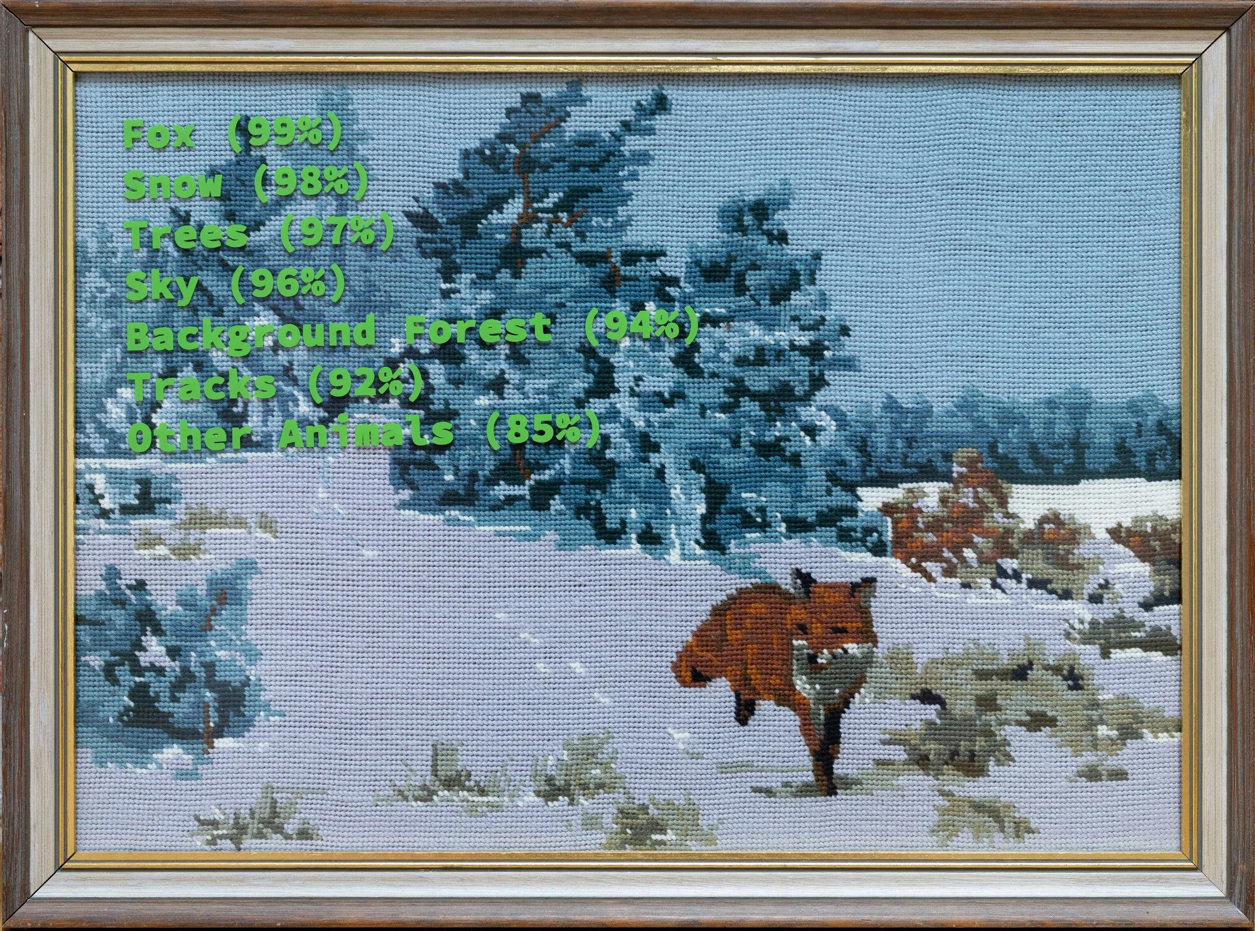 “Fox (99%)”, found embroidery with object identification, 54.5x40cm framed