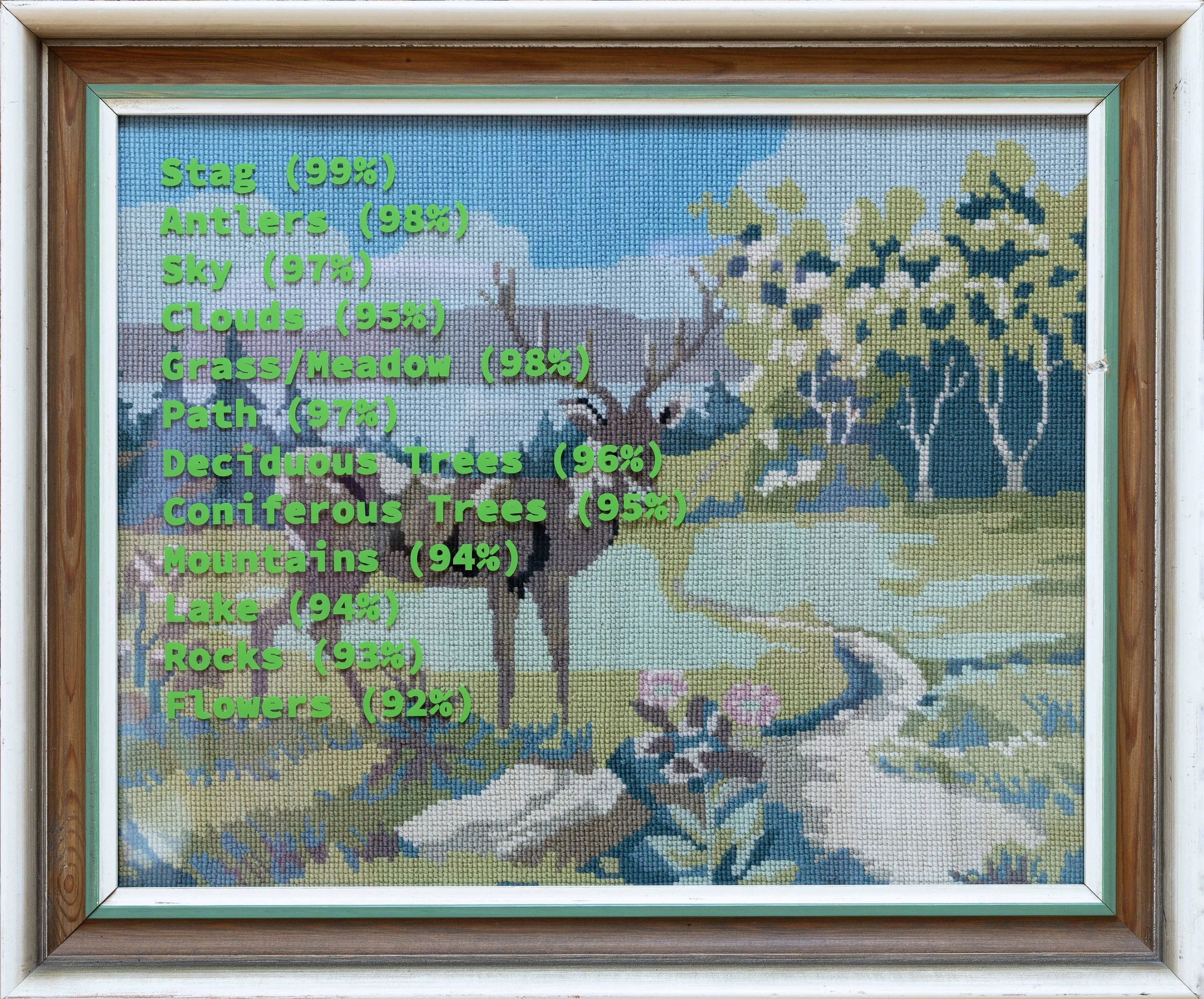 “Stag (99%)”, found embroidery with object identification, 54x45cm framed