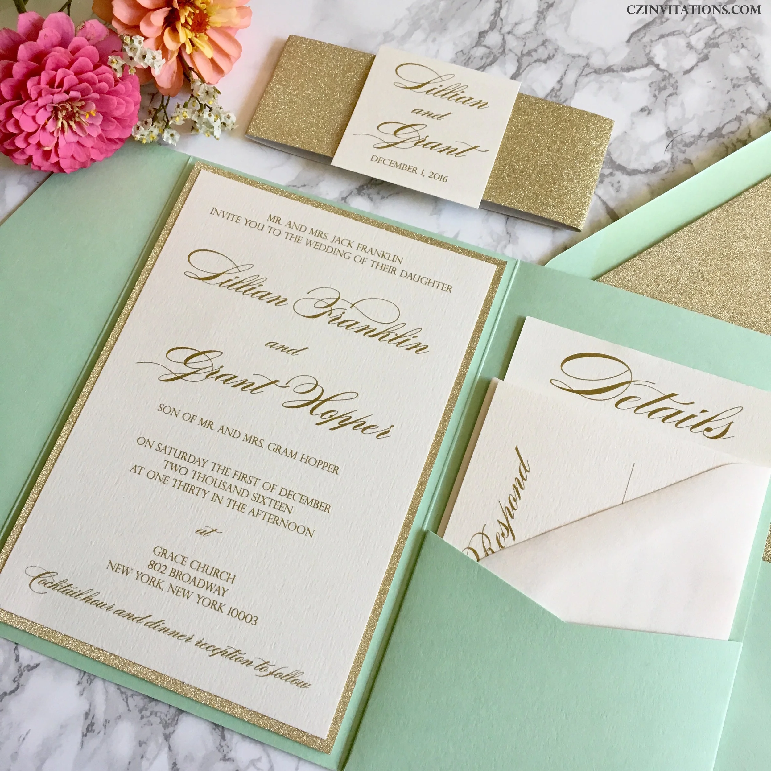 Mint and Gold pocket invitation