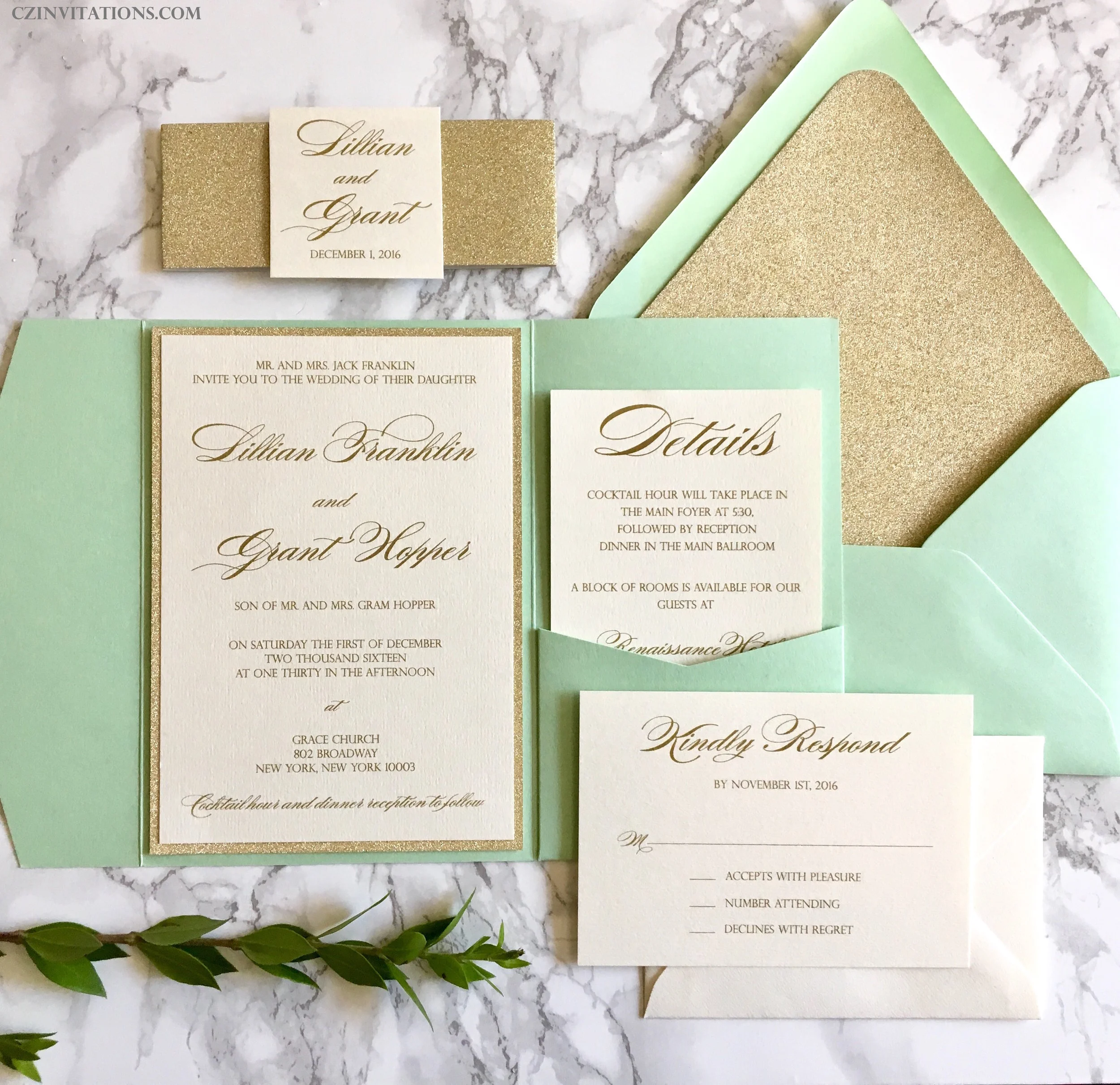 Mint and Gold Glitter Wedding invitation