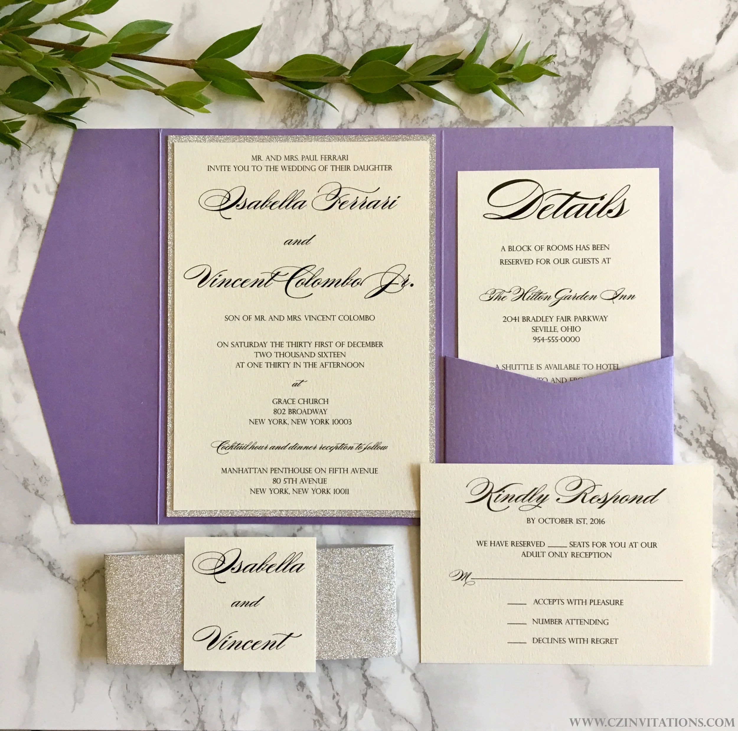 Purple and silver glitter wedding invitation