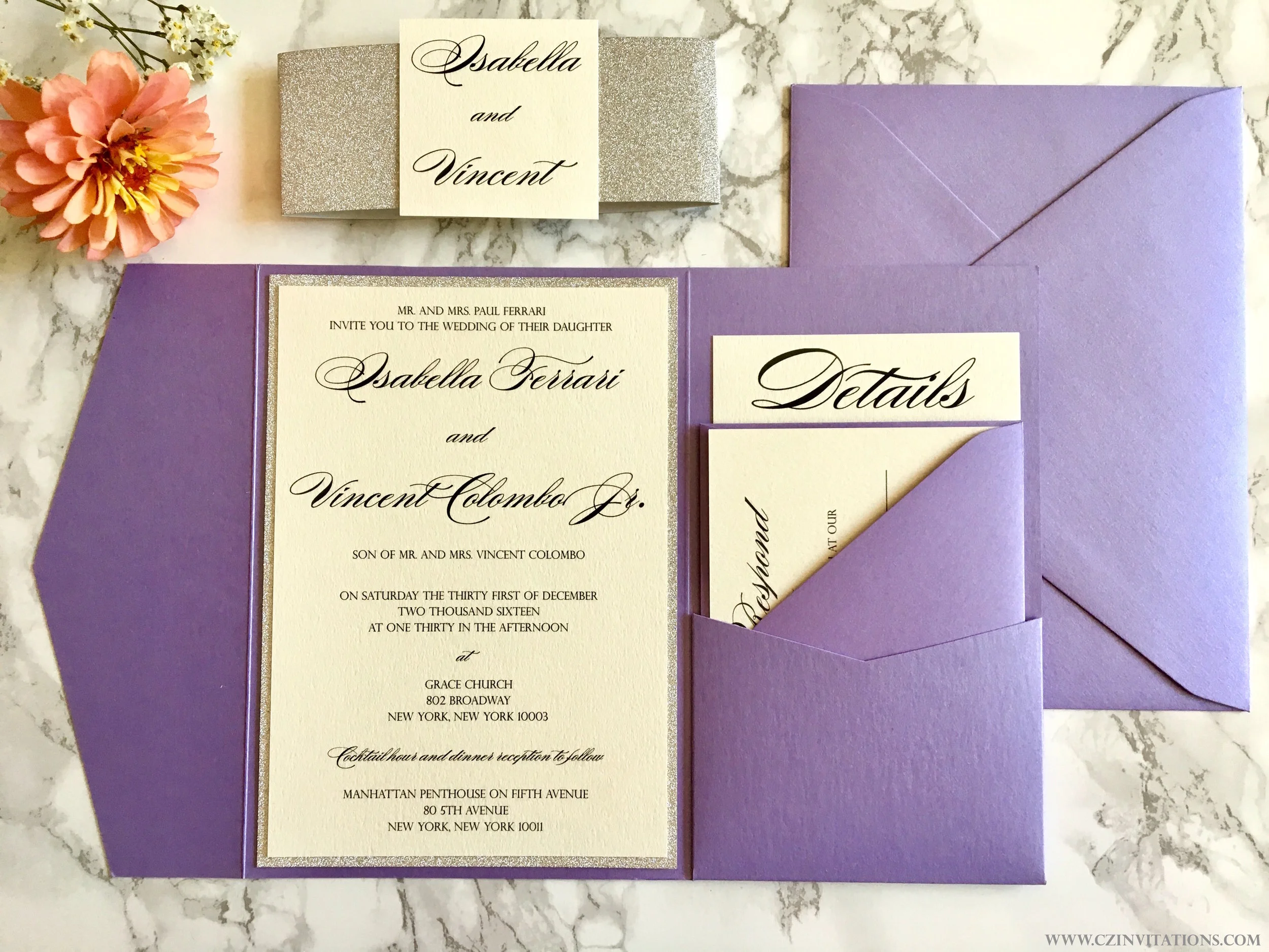 lavender and silver wedding invitation