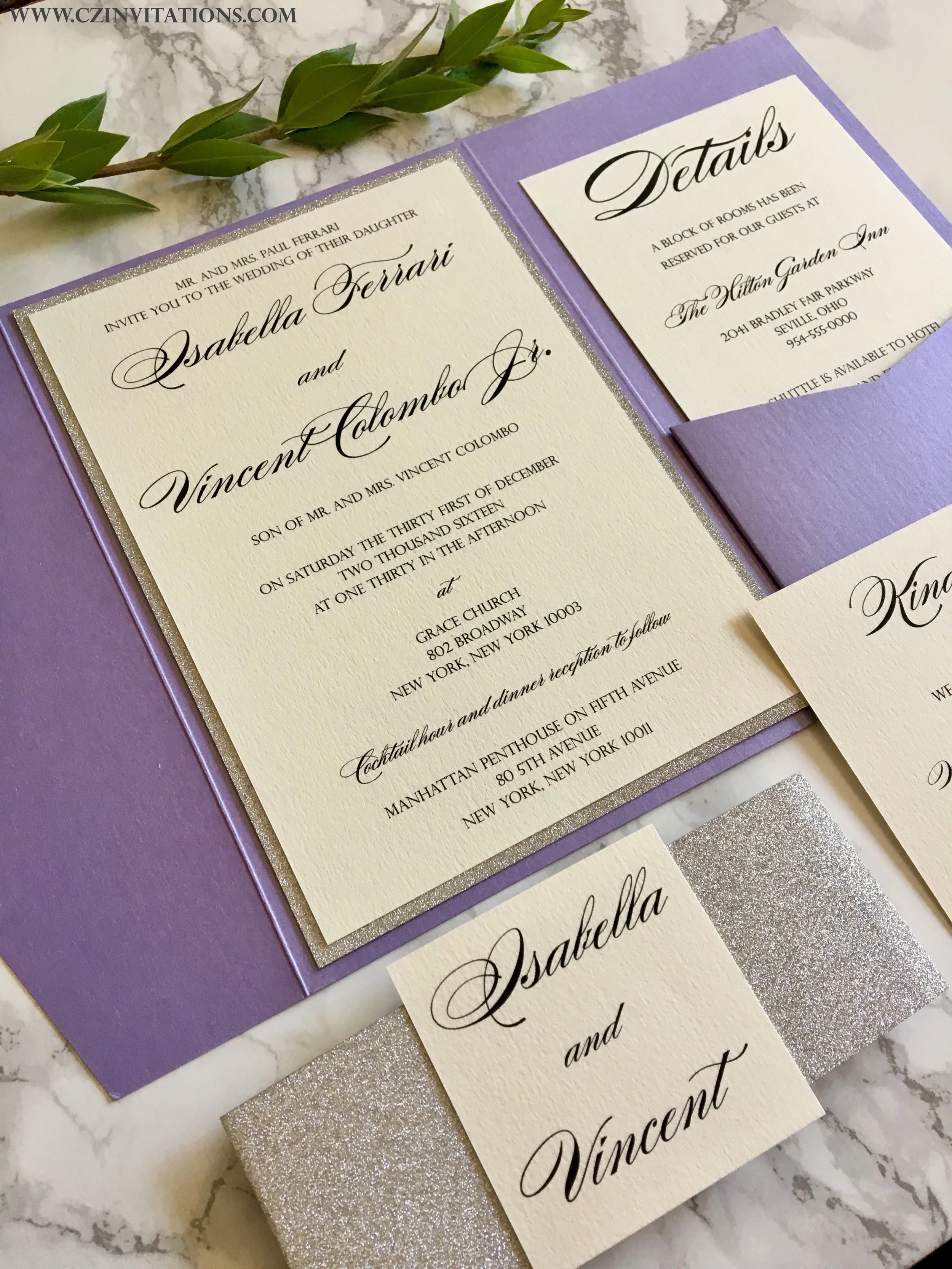 Silver glitter and purple pocket invitation
