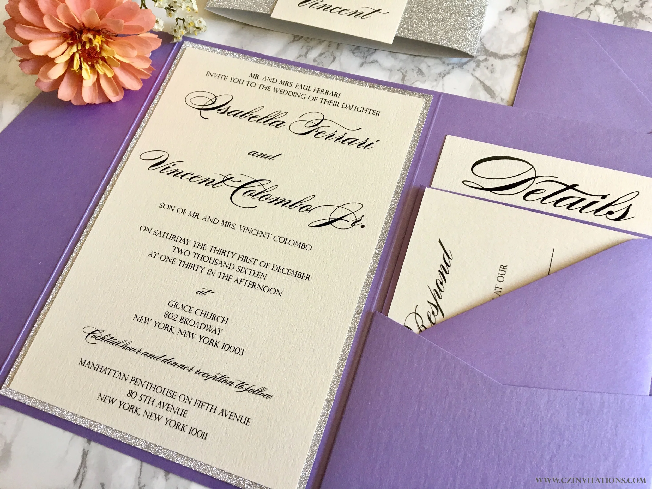 purple and silver glitter pocket invitation