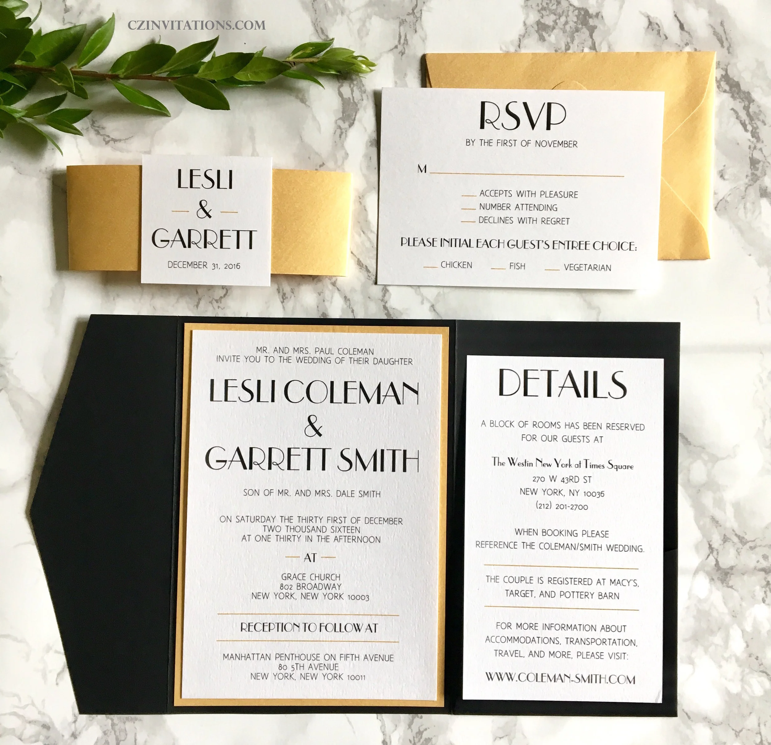 black and gold pocket invitation