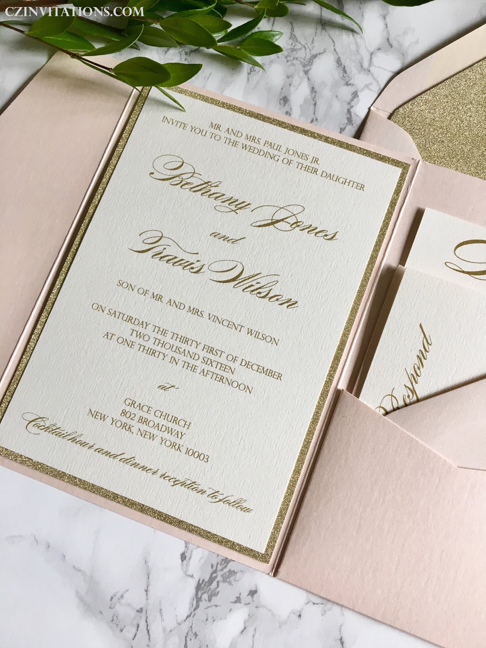 Gold Glitter Wedding Invitation with Blush Envelopes and Wax Seal — CZ  INVITATIONS
