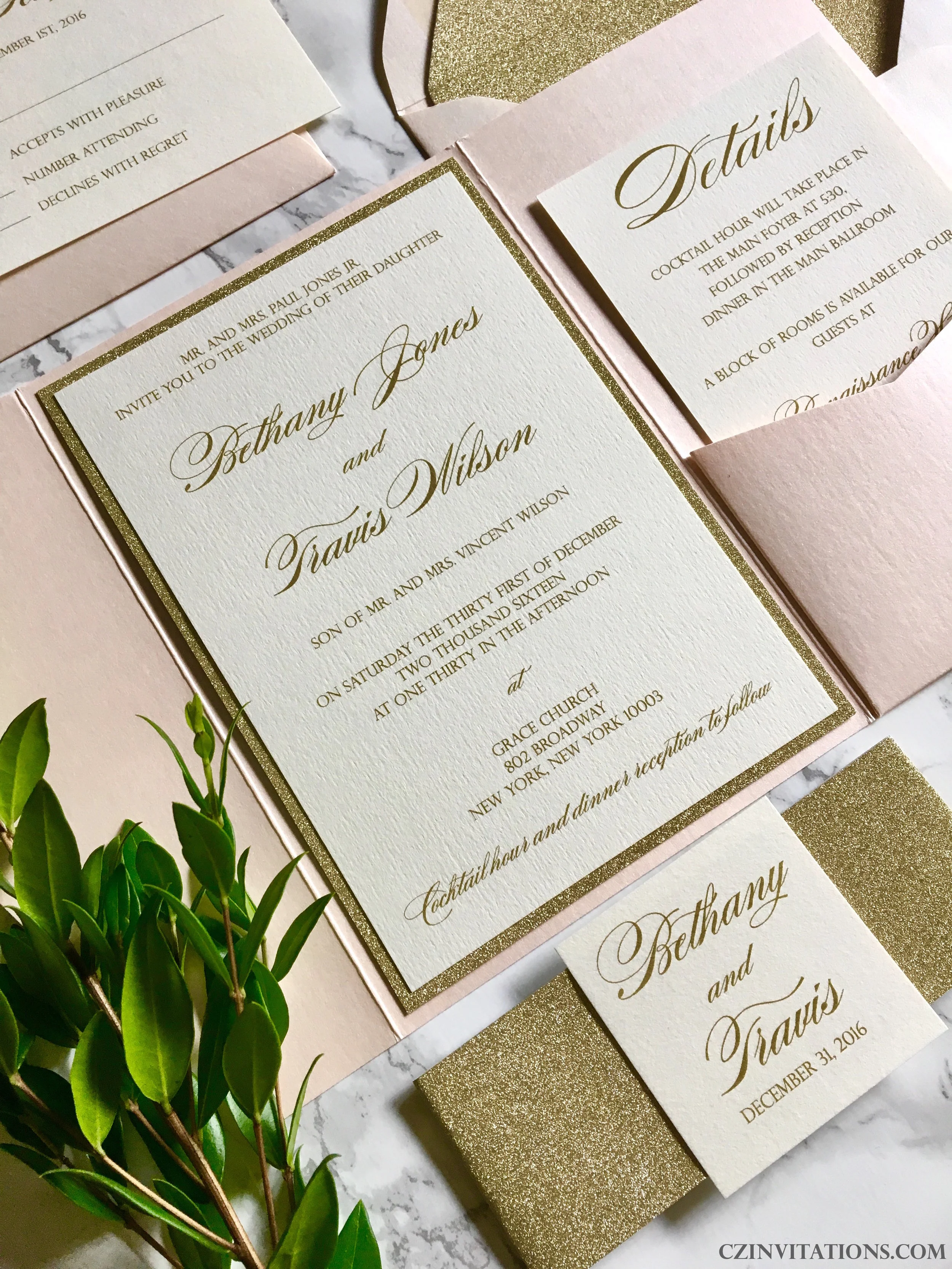 Blush and gold glitter pocket invitation