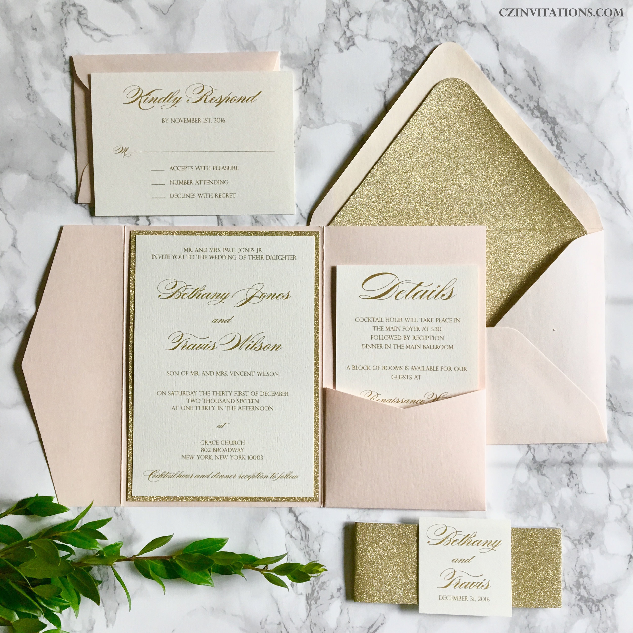 Champagne Gold Glitter And Soft Gold Wedding Invitation with RSVP inner pocket 