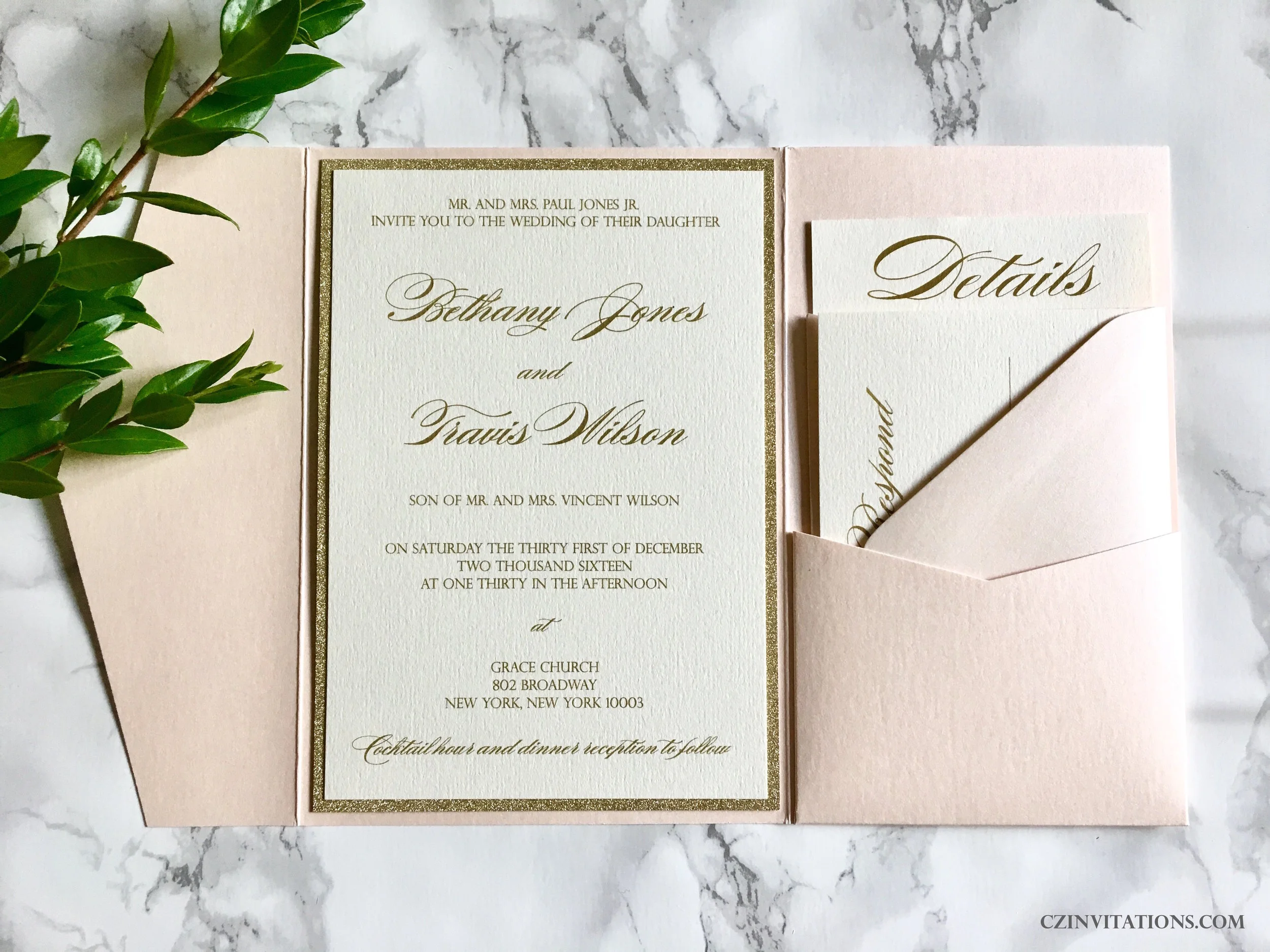 Blush and gold glitter pocket invitation