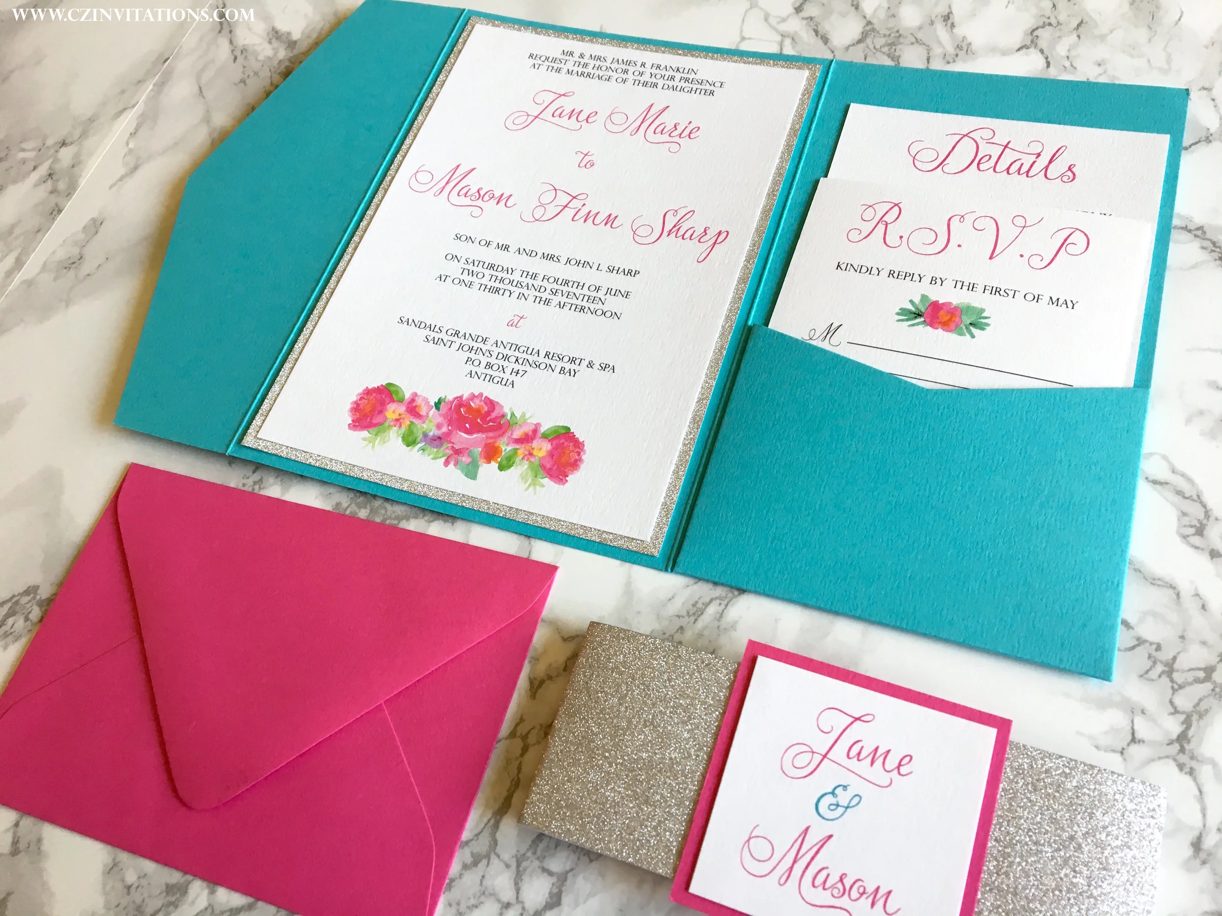 turquoise floral pocket wedding invitation 