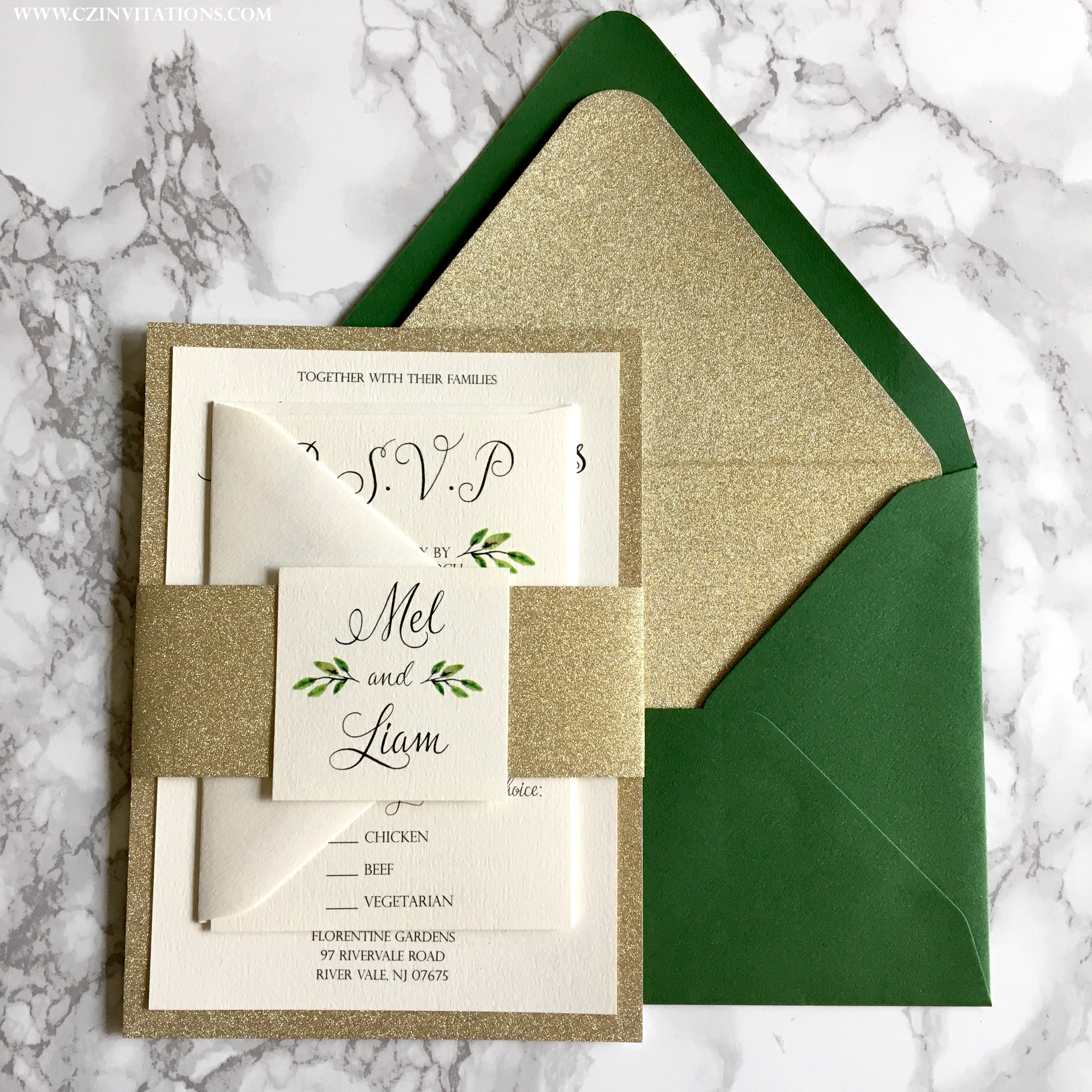 Gold Glitter Wedding Invitation with Greenery — CZ INVITATIONS