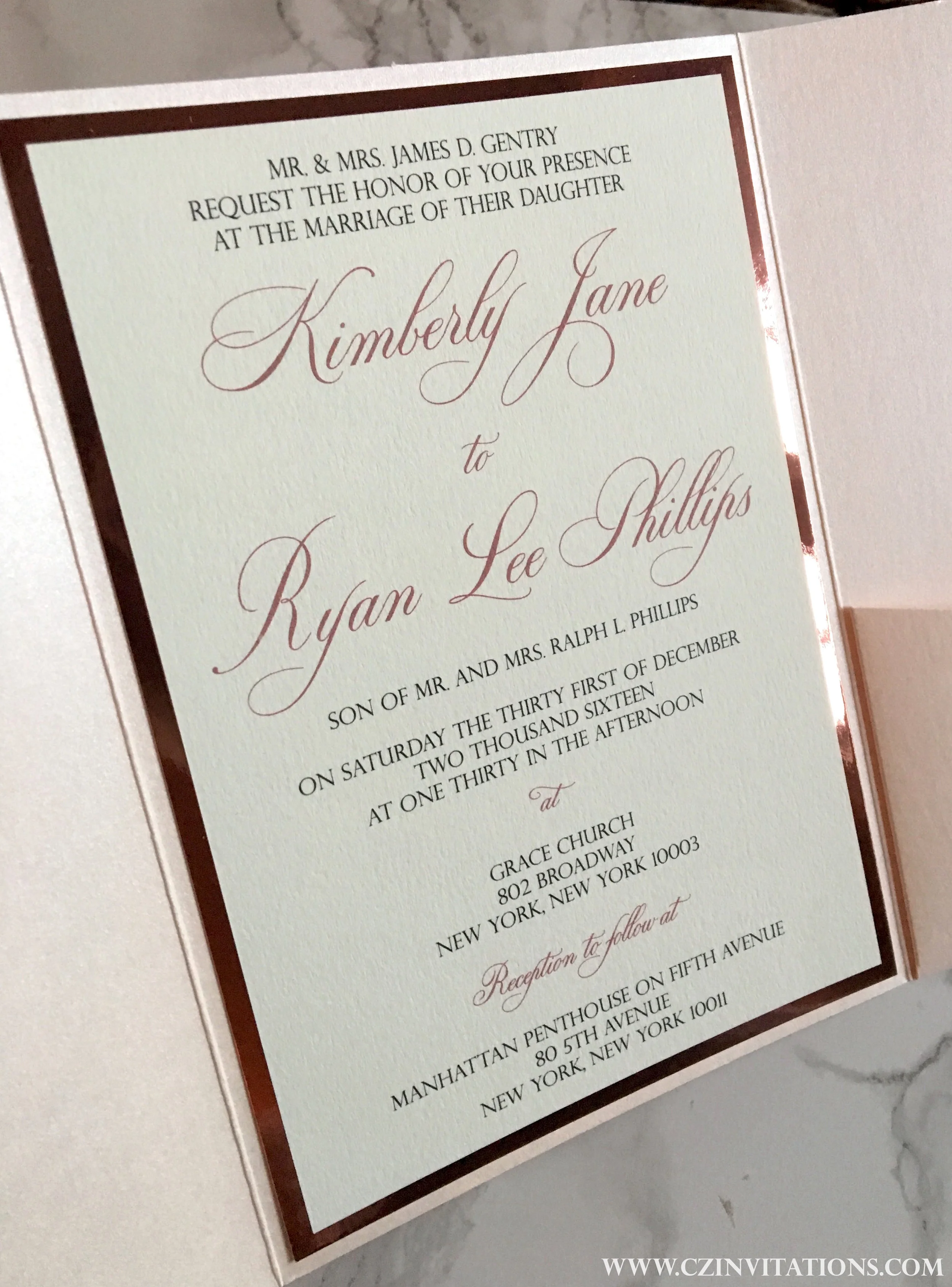 blush and rose gold mirror pocket invitation
