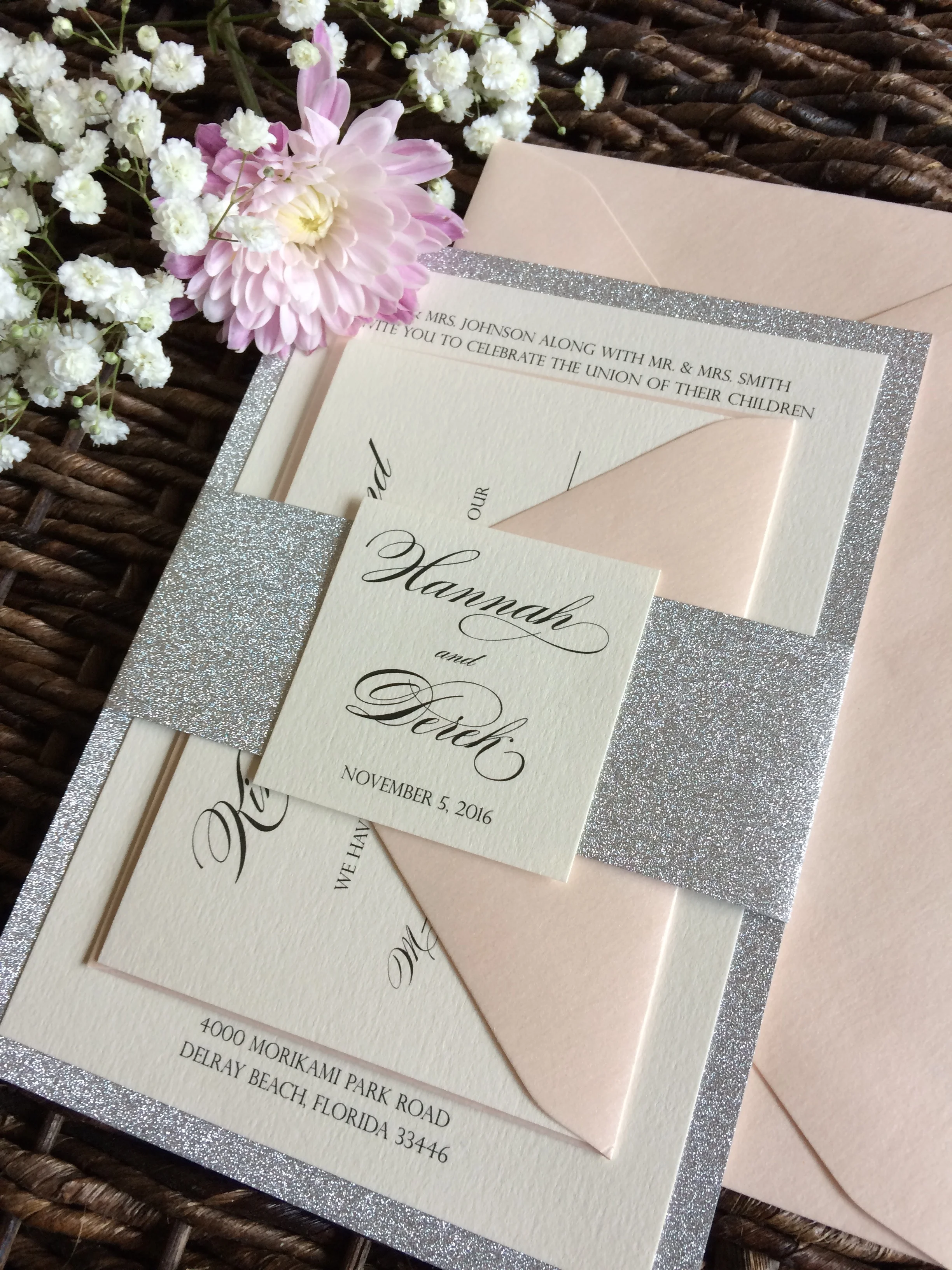 Silver Glitter and Blush wedding Invitation
