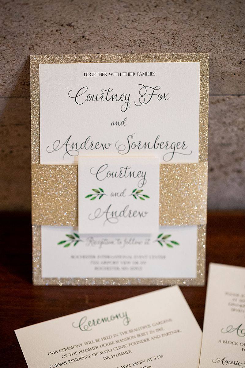 Gold Glitter and Greenery Wedding Invitations