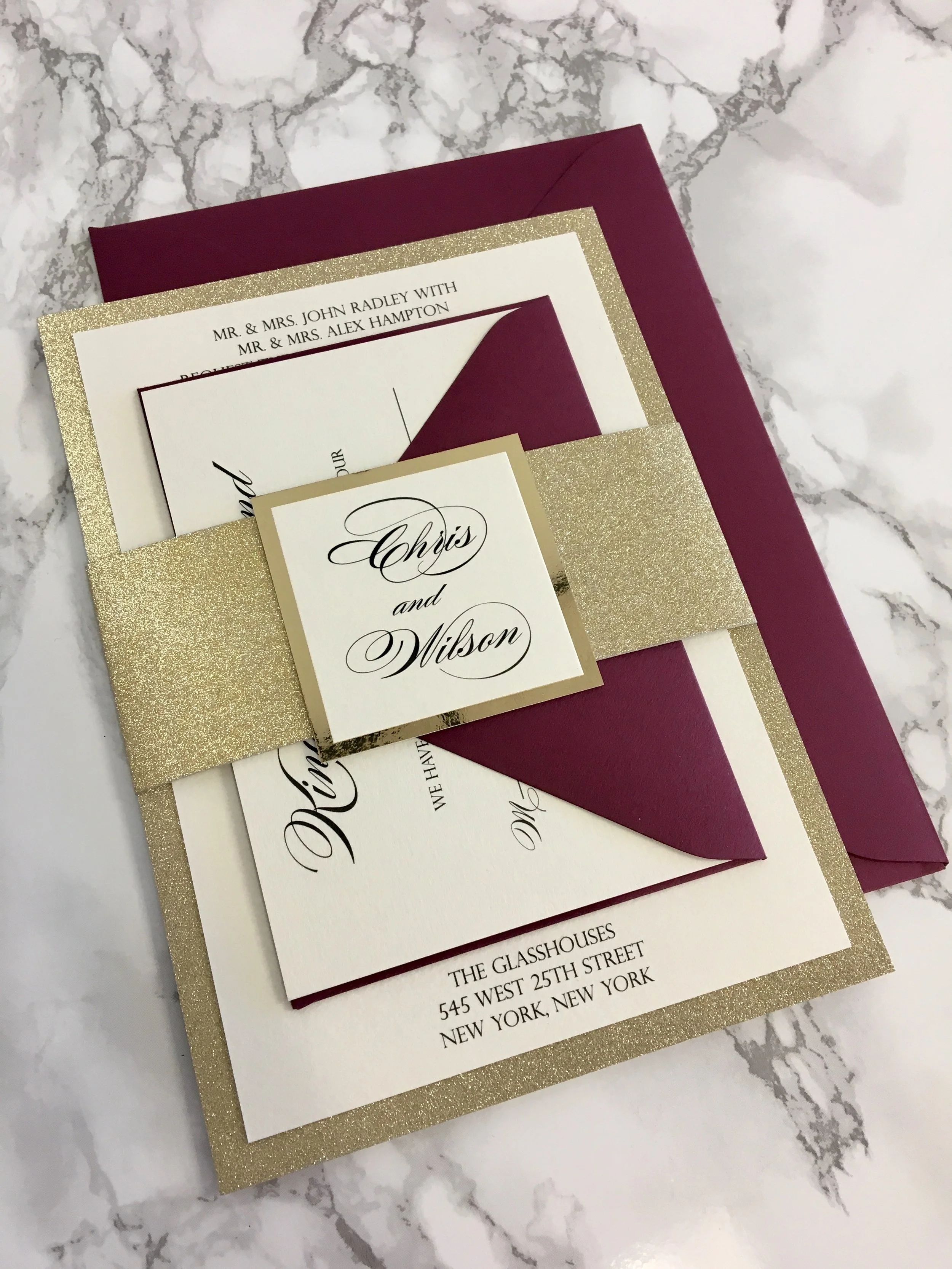 gold glitter and burgundy invitation