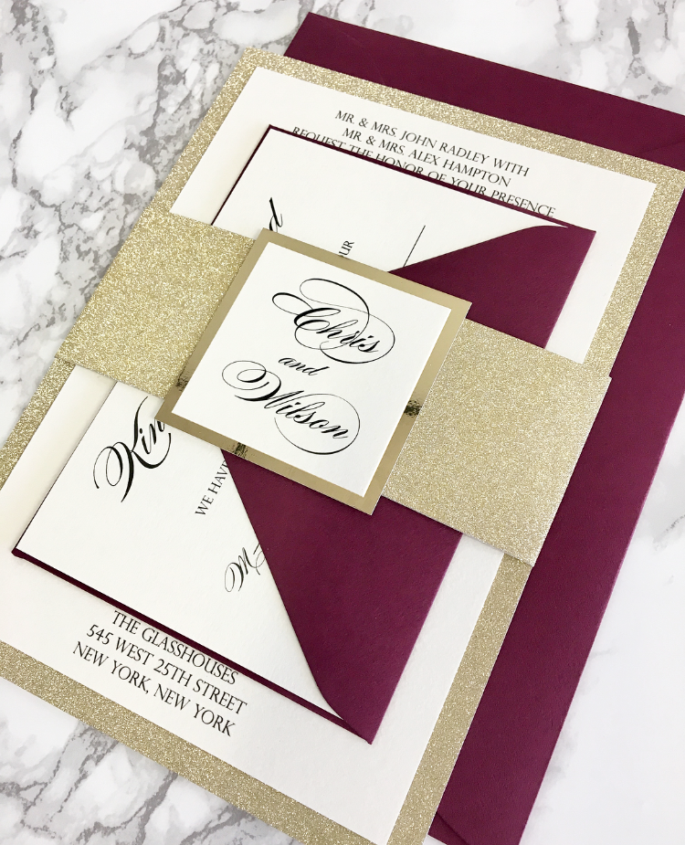 burgundy and gold glitter invitation
