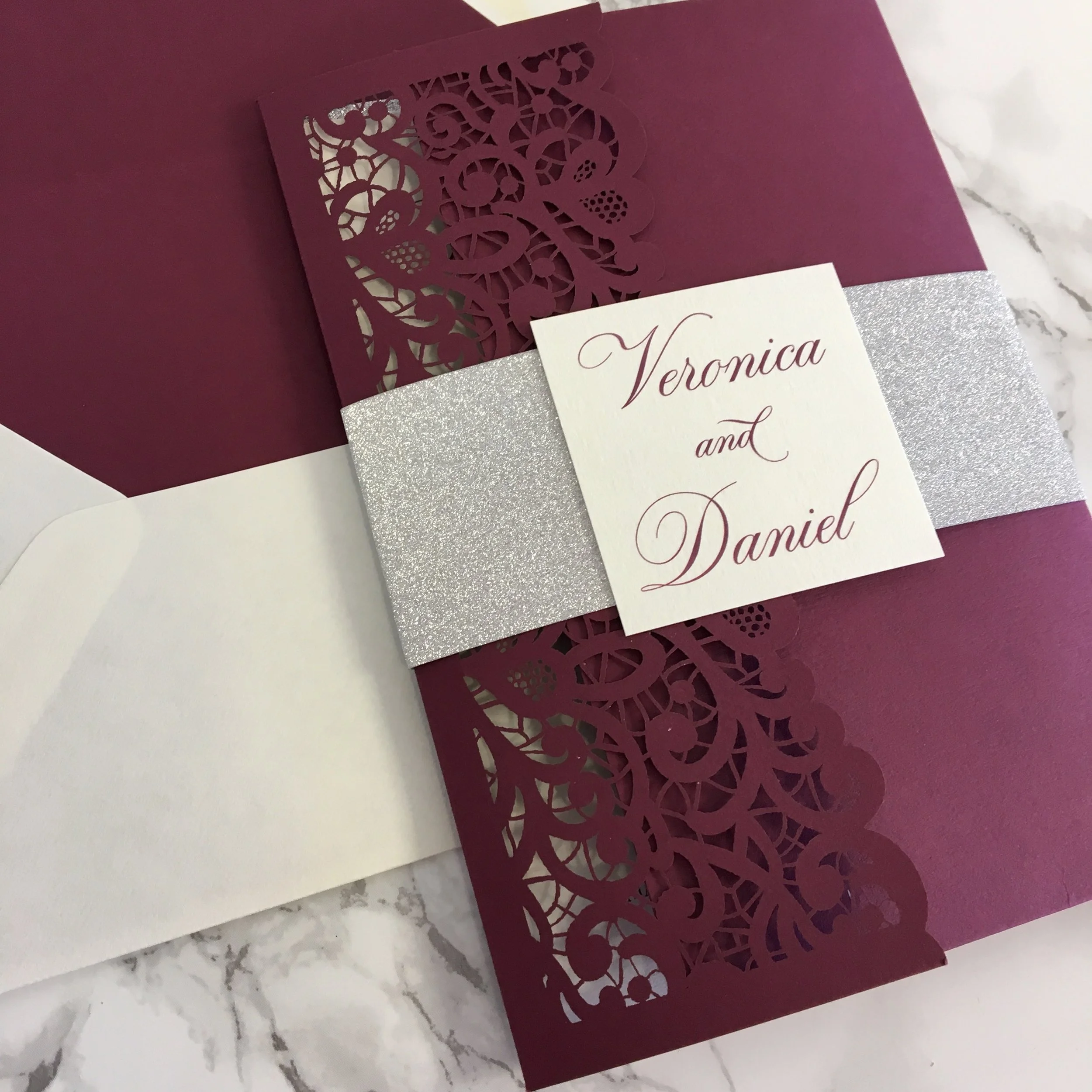 Handmade Burgundy Wedding Invitations Set Of 10 – With Silver Love Heart Charm & Envelopes