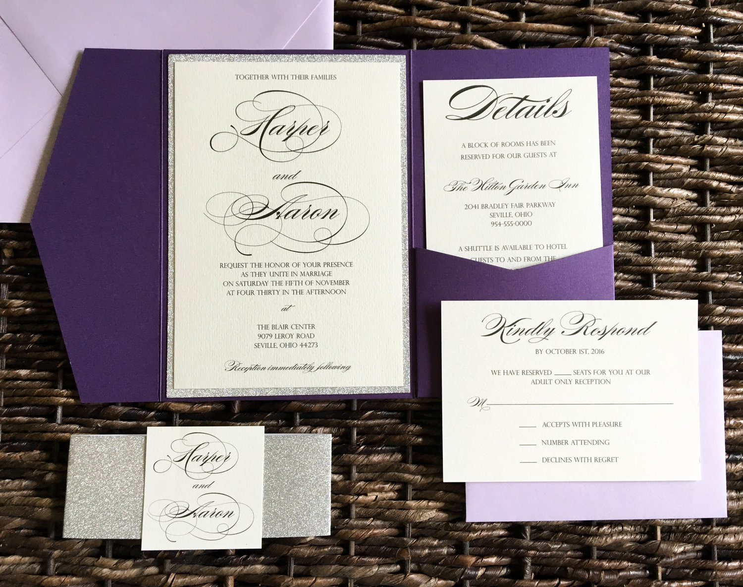 Script Calligraphy Ivory and Lavender Elegant Wedding Periwinkle Pocket Lilac Purple Purple and Champagne Shimmer Wedding Invitations